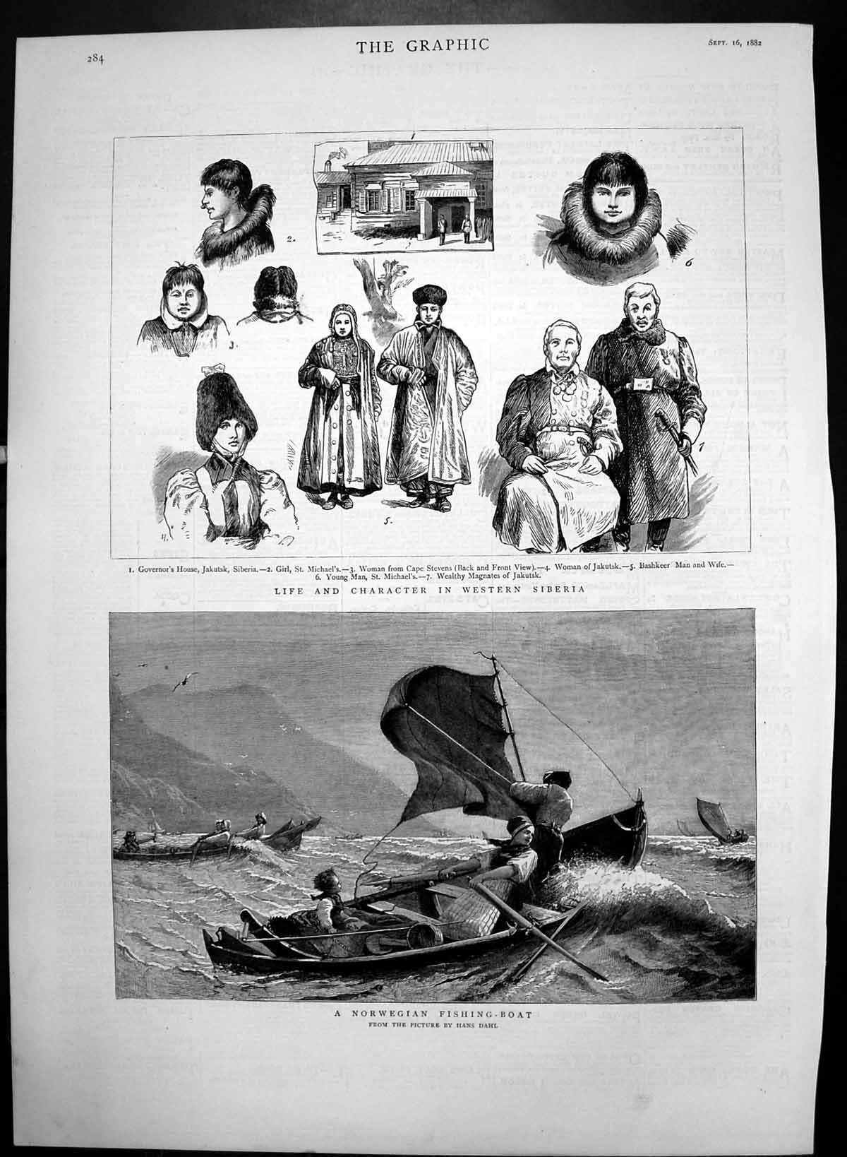 Antique Old Print Norwegian Fishing Boat Characters West Siberia Jakutsk 1882