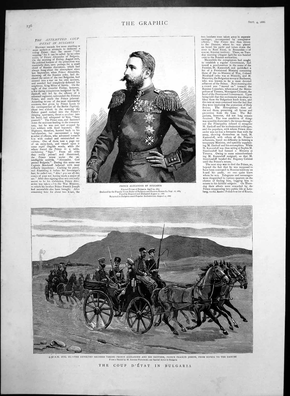 Antique Old Print Prince Alexander Bulgaria Prince Joseph Sophia Danube1886