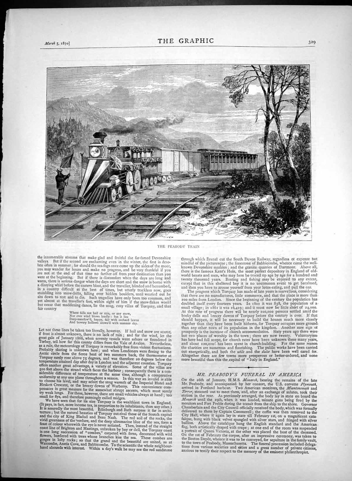 Original Old Antique Print Mr Peabodys Funeral America Train Carrying Body 1870