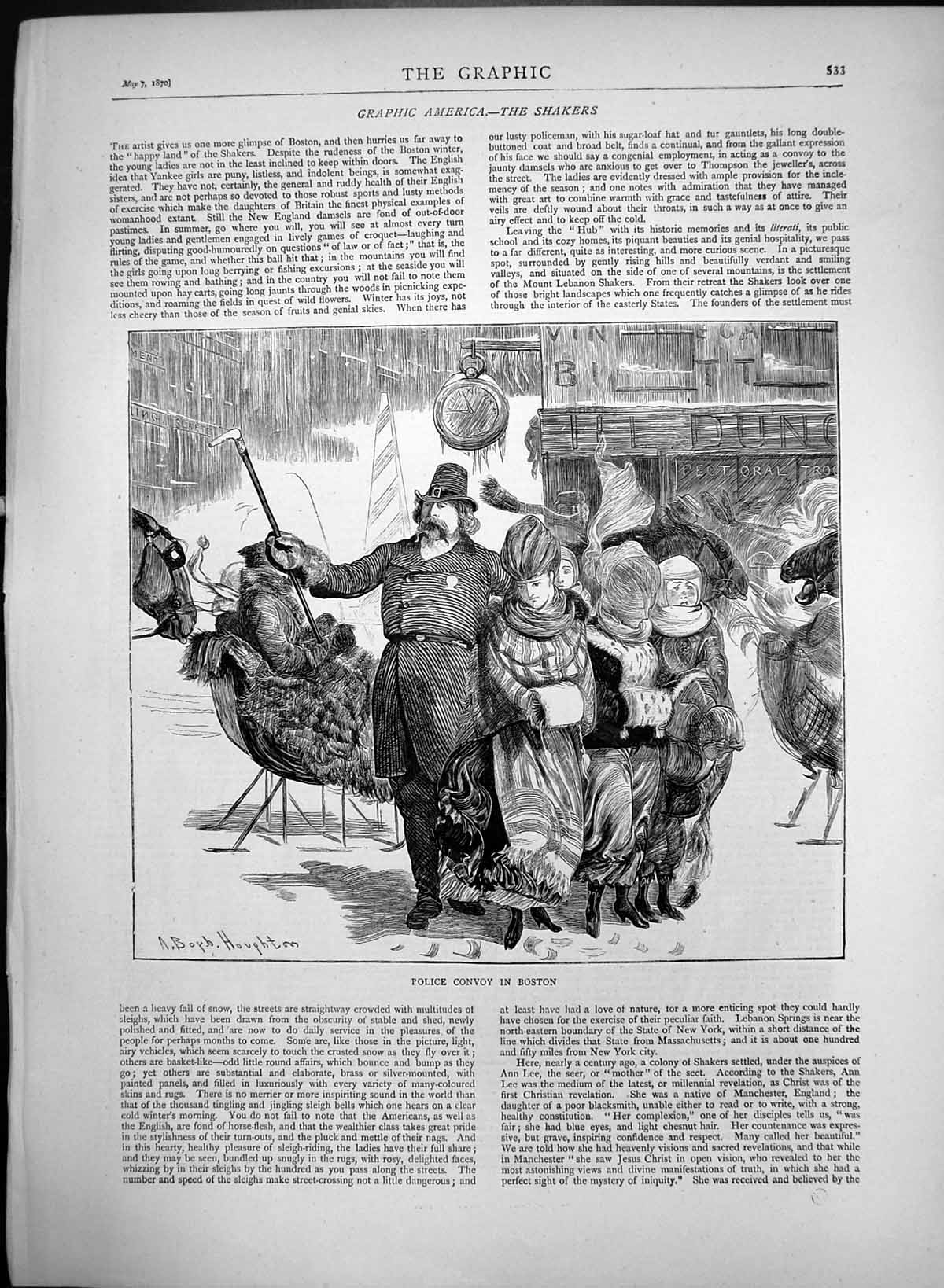 Original Old Antique Print Police Convoy In Boston In Winter 1870 Victorian