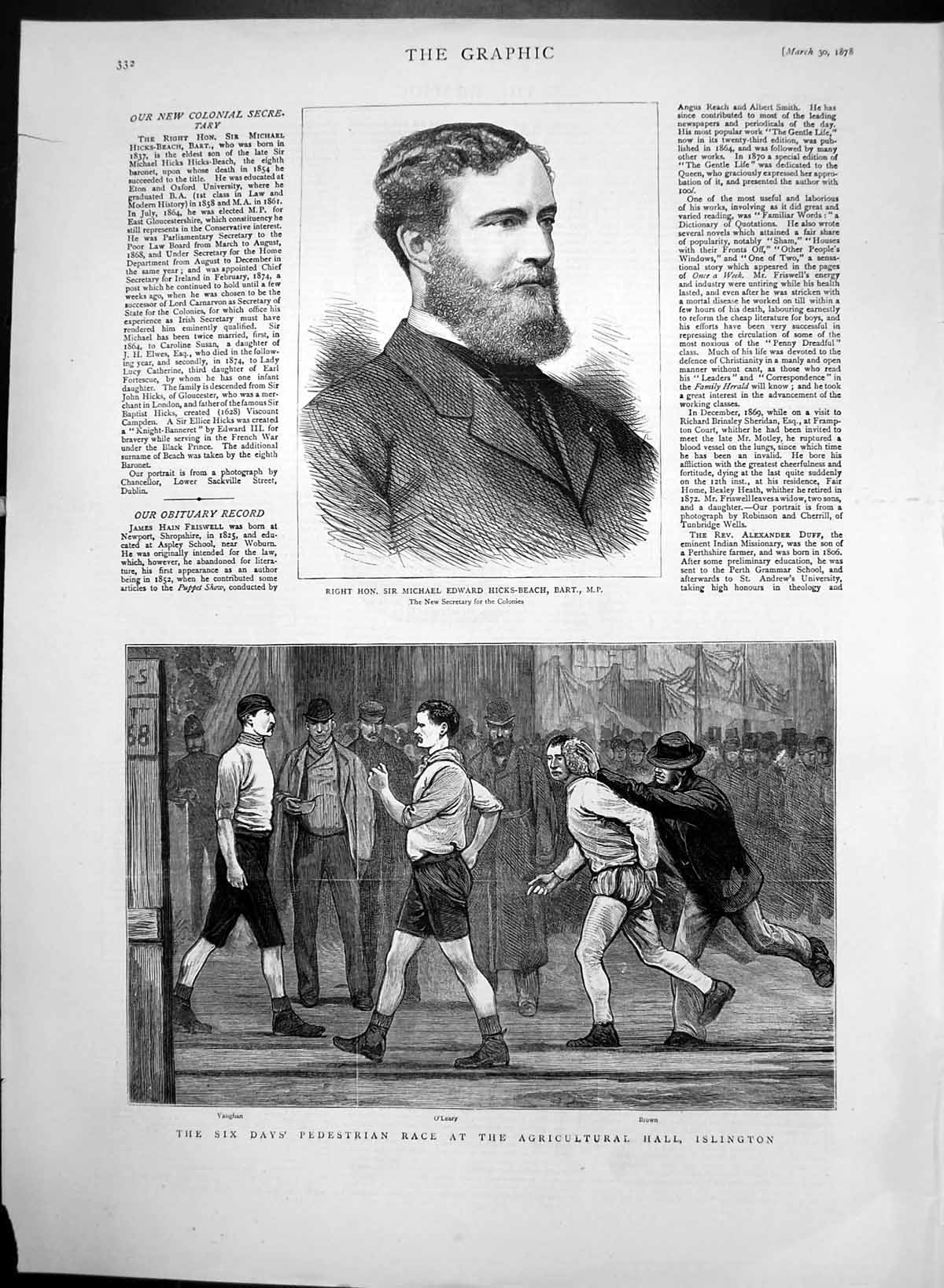 Antique Print Pedestrian Race Agricultural Hall Sir Me Hicks-Beach Mp 1878 19th