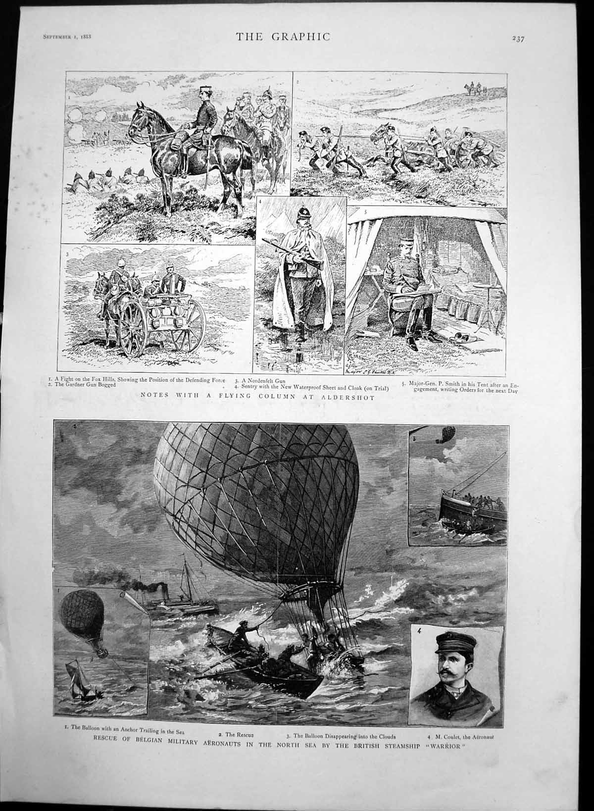 Antique Old Print Fighting Aldershot Rescue Belgian Military Aeronauts 1883