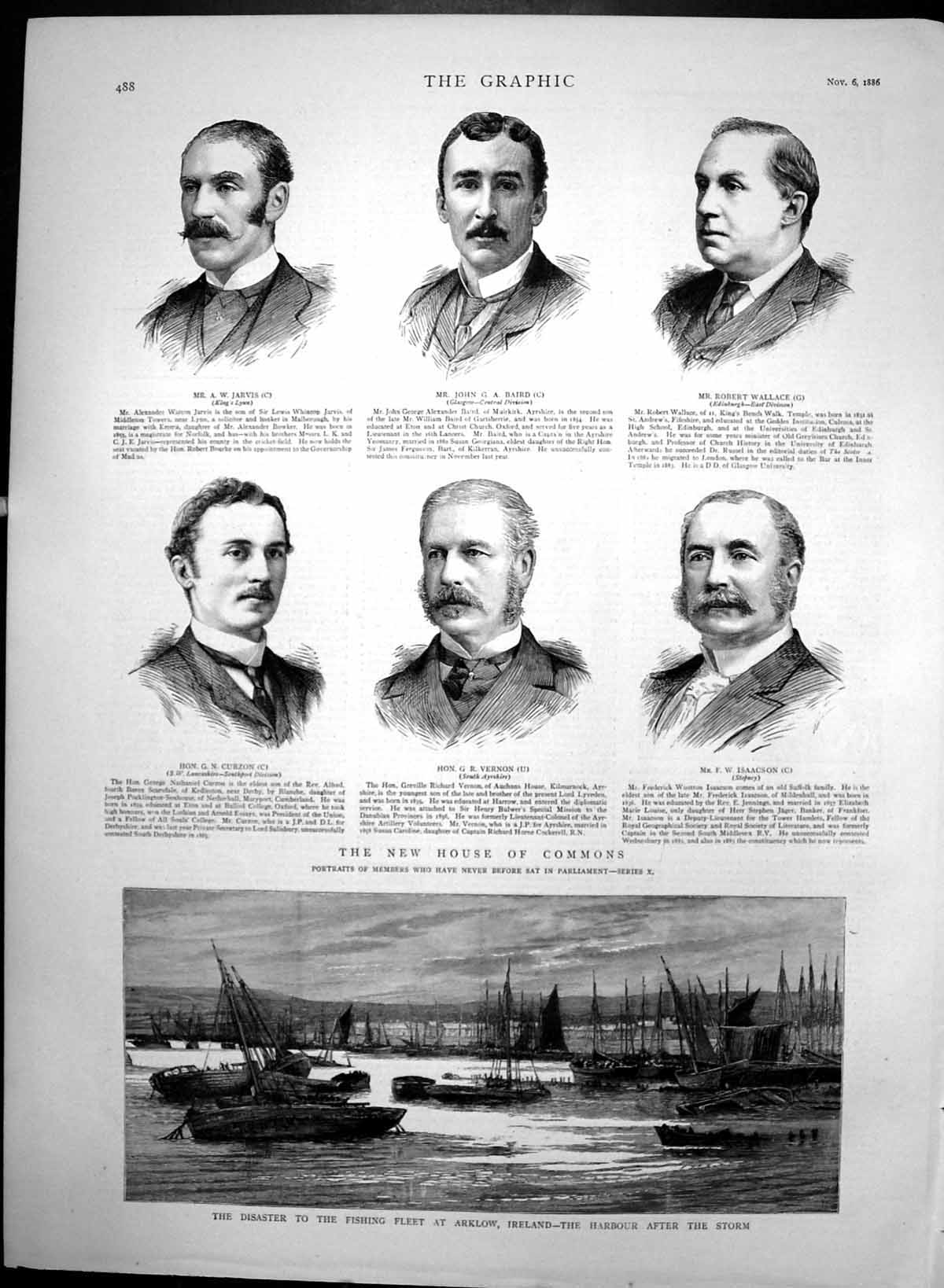 Antique Old Print Disaster Fishing Fleet Arklow Members House Commons 1886 19th