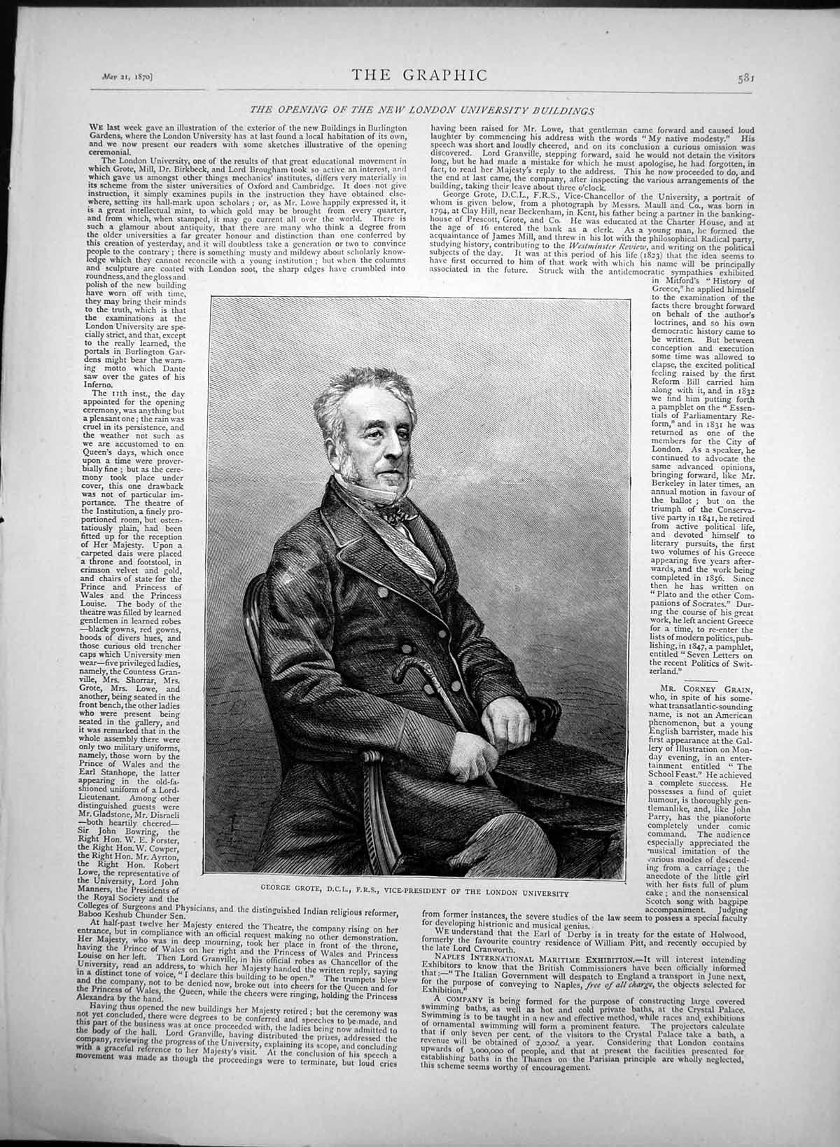 Antique Old Print George Grote Dci Frs Vice President London University 1870