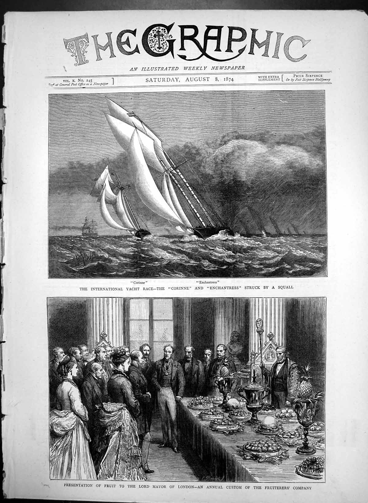 Antique Old Print Corinne & Enchantress Yacht Race Presentation Fruit 1874 19th