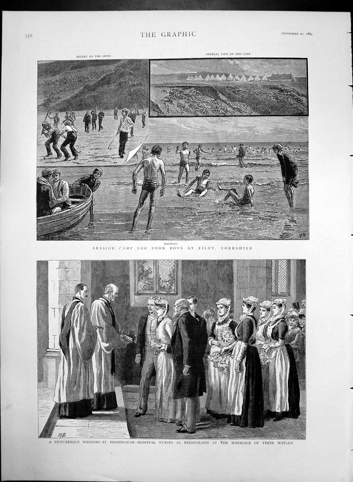 Antique Old Print Seaside Camp Filey Matrons Wedding Birmingham Hospital 1889