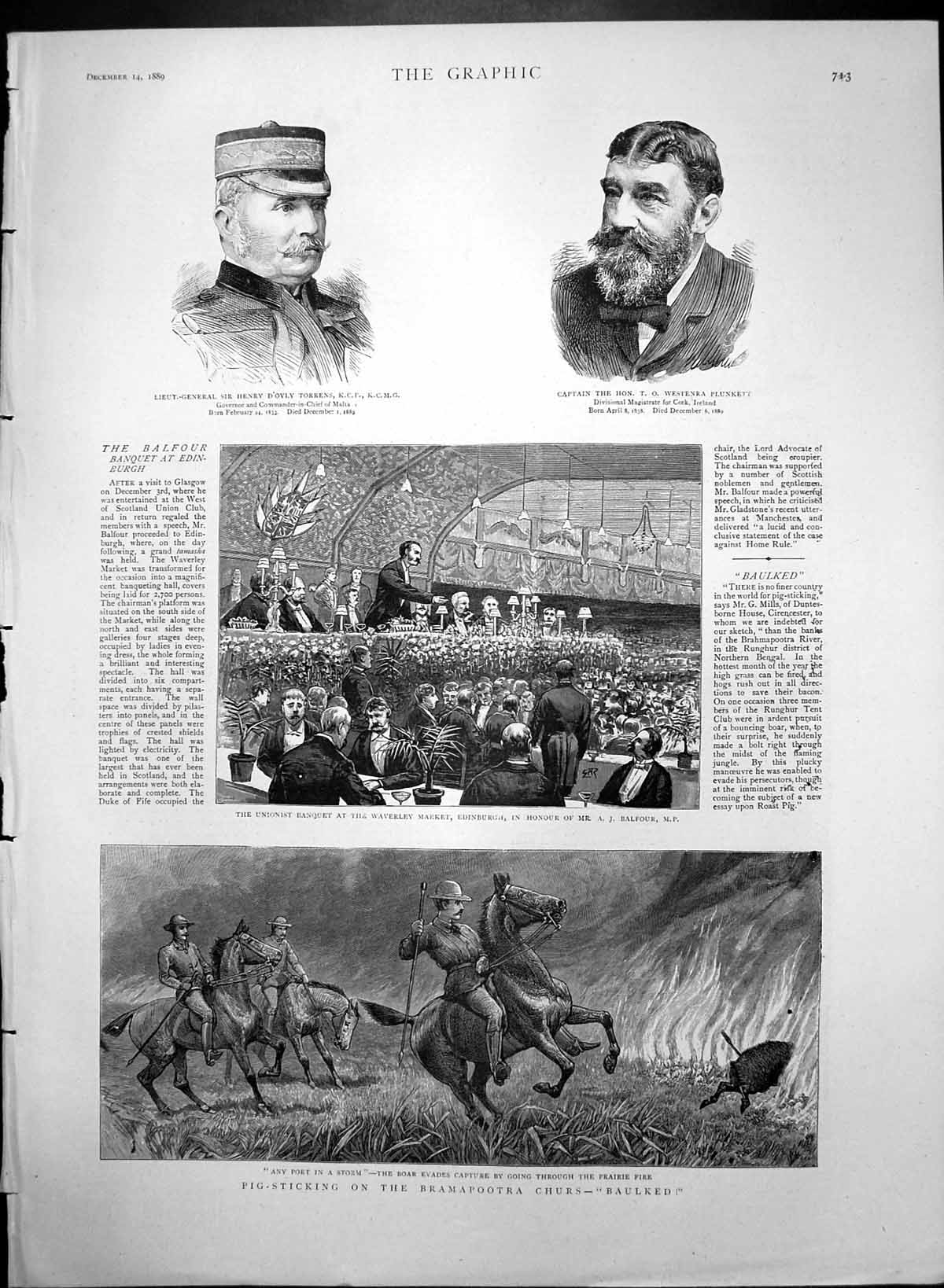 Original Old Antique Print Pig Sticking Bramapootra Churs Unionist Banquet 1889