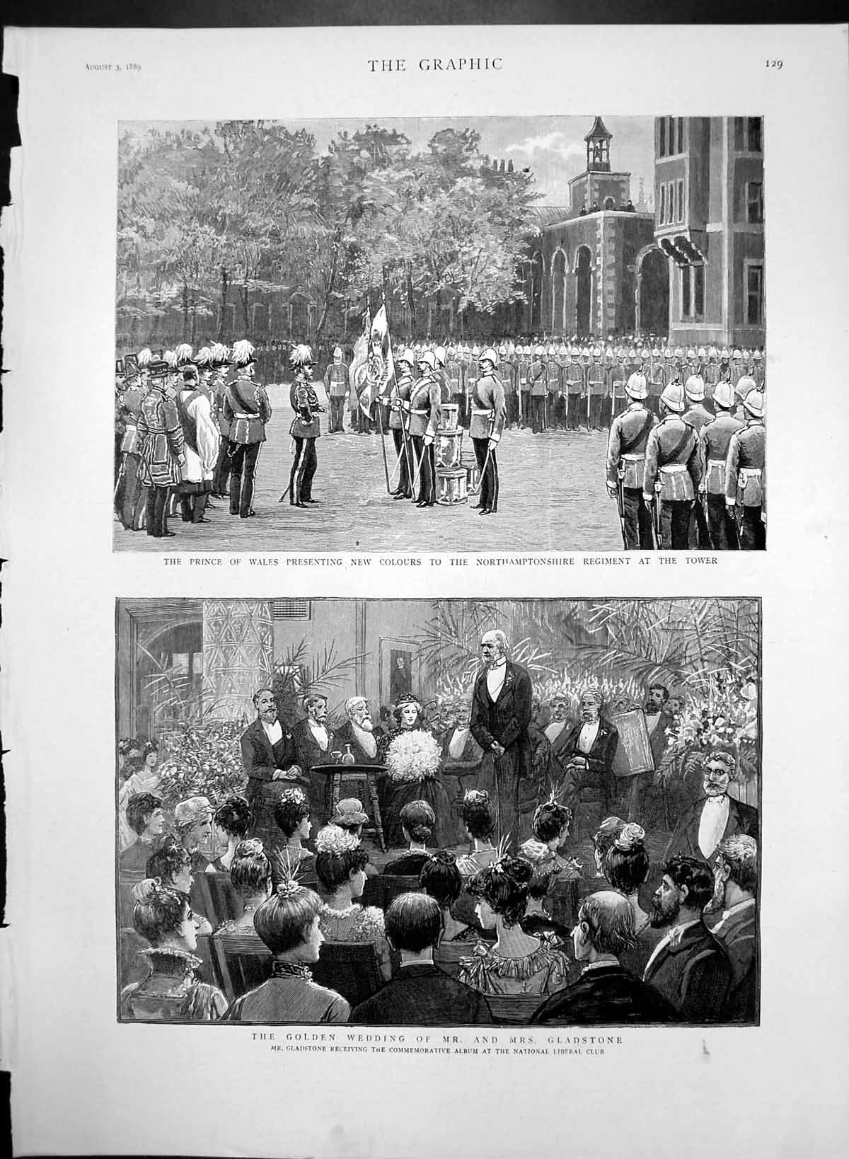 Old Antique Print Gen Wedding Mr Mrs Gladstone Northampton Regiment1889 19th