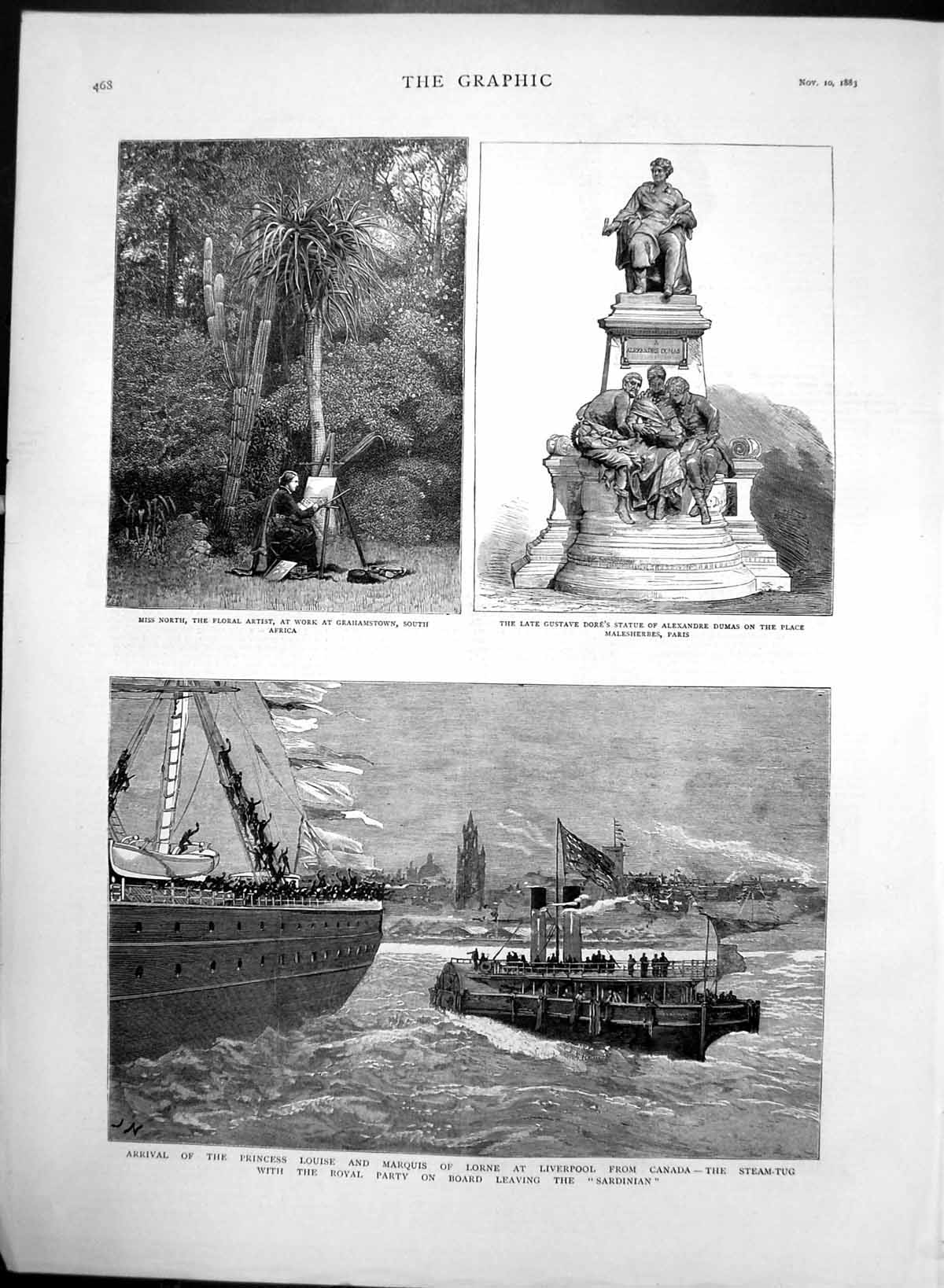 Original Old Antique Print Sardinian Ship Statue Alexandre Dumas Paris 1883