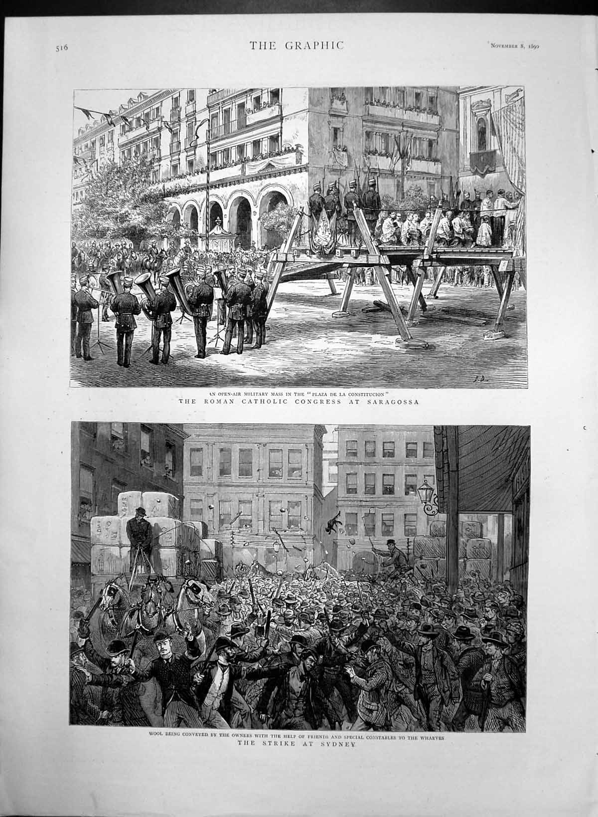Original Old Antique Print Strike At Sydney Roman Catholic Mass Saragossa 1890