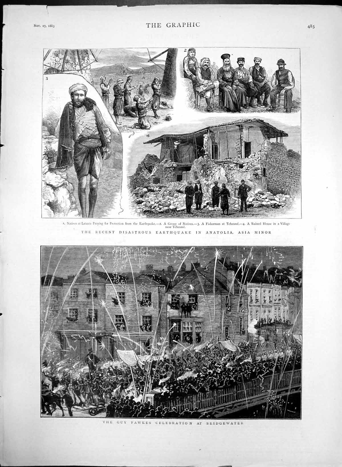 Antique Old Print Guy Fawkes Bridgewater Earthquake Anatolia Asia Minor 1883