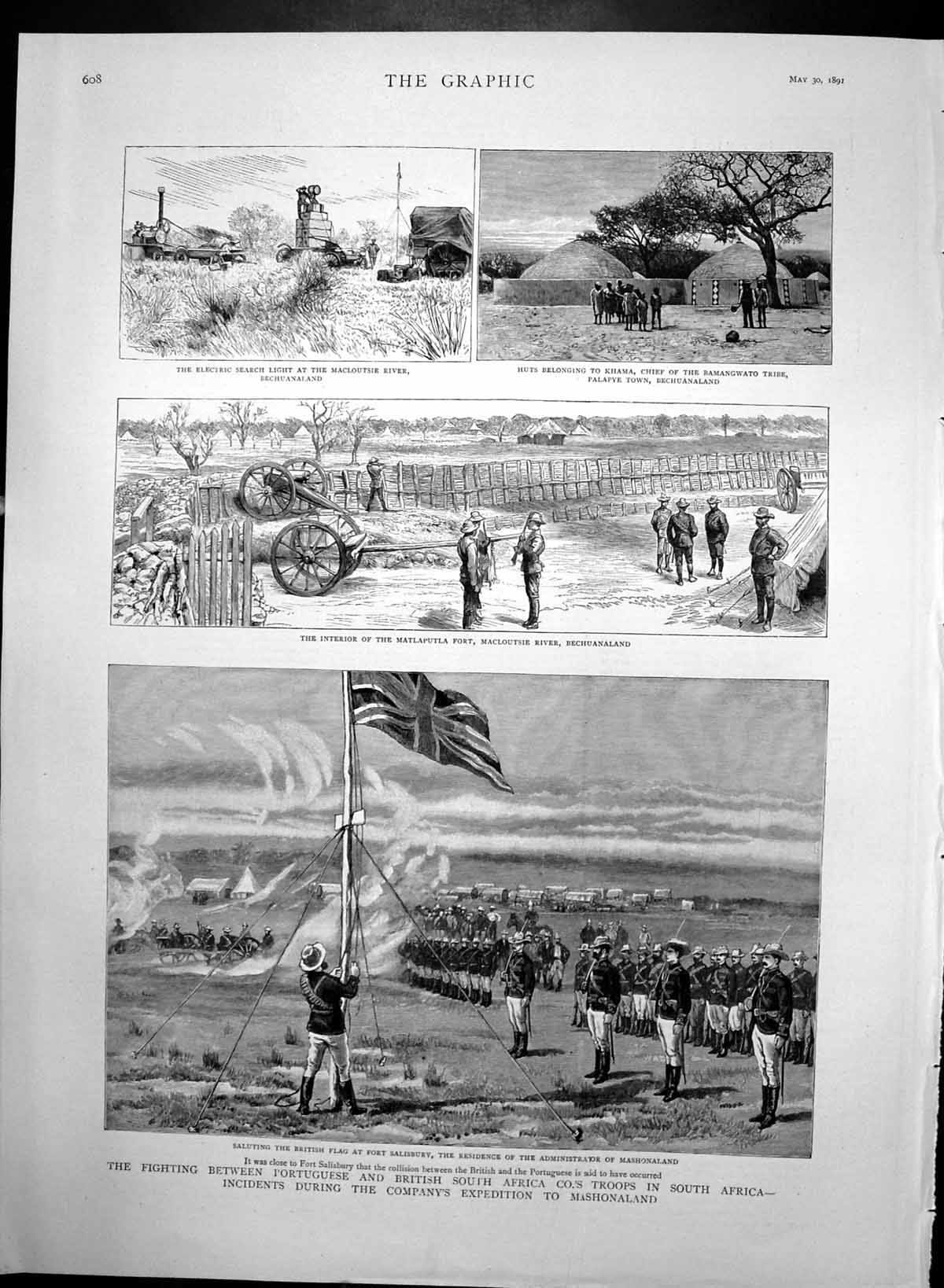 Antique Print British Flag Fort Salisbury Macloutsie River Bechunaland1891 19th