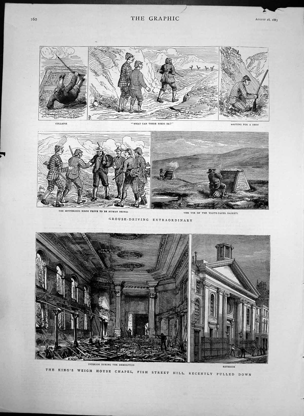 Antique Old Print Grouse Shooting Demolition Kings Weigh House Chapel 1883 19th