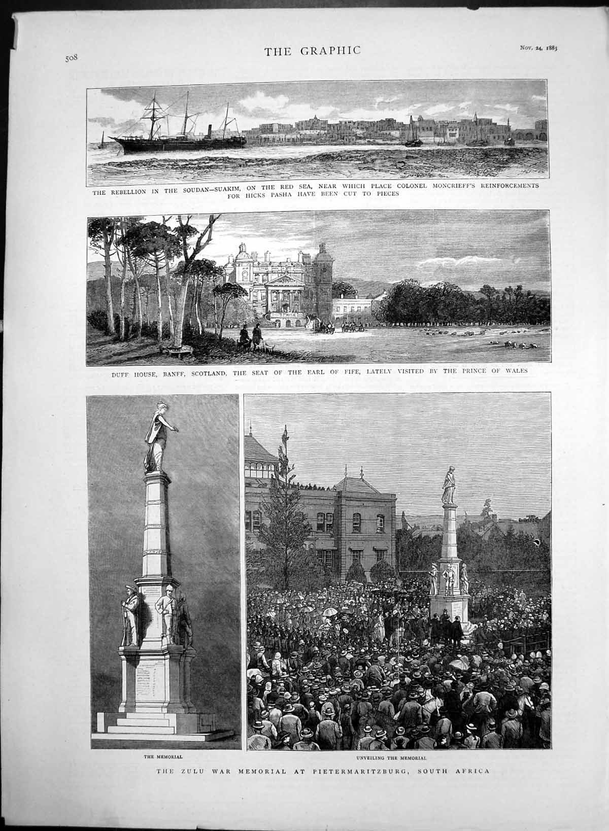 Antique Old Print Duff House Banff Zulu War Memorial Pietermaritzburg 1883 19th