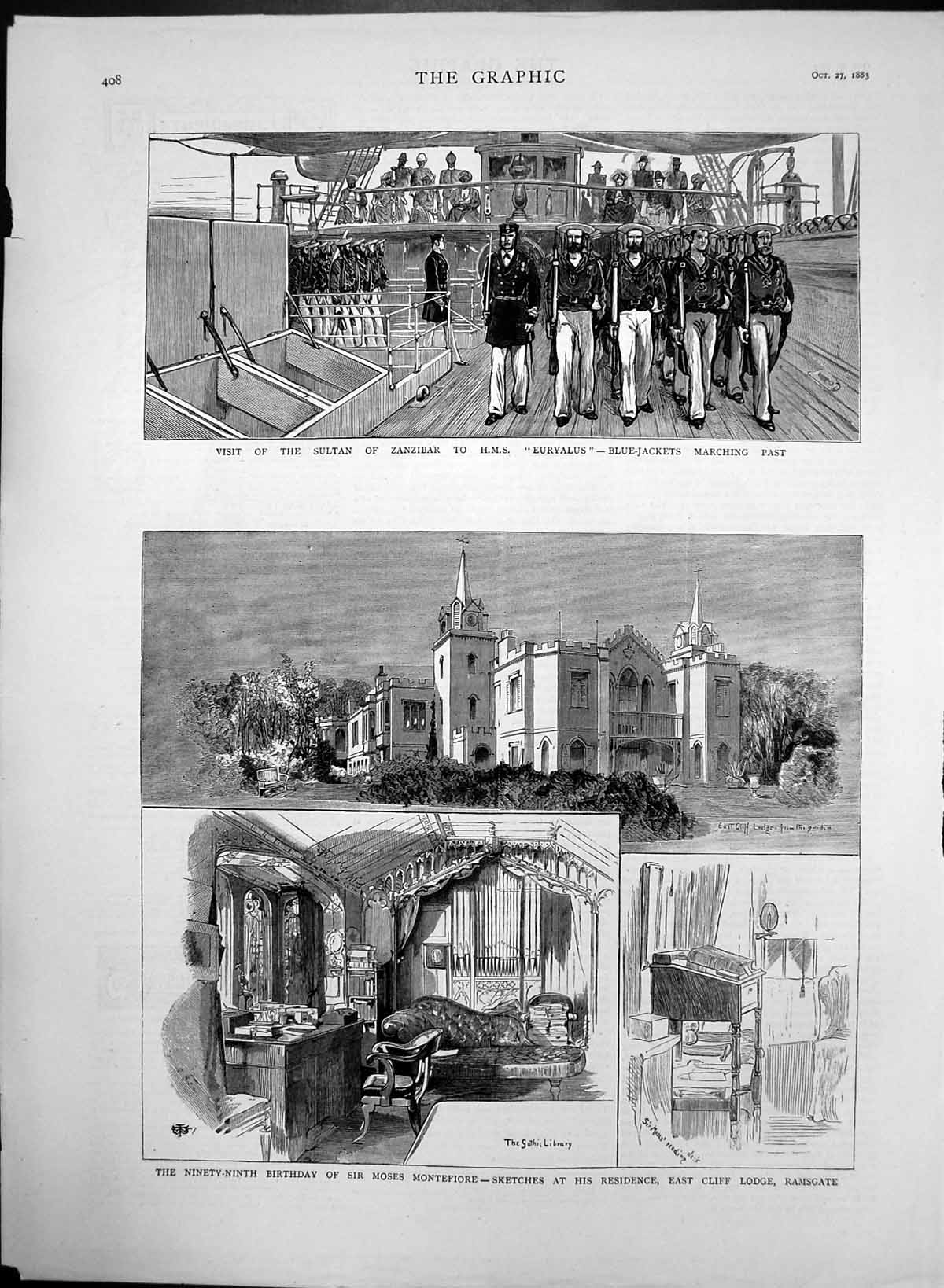 Old Antique Print Sultan Hms Euryalus 99Th Birthday Moses Montefiore 1883