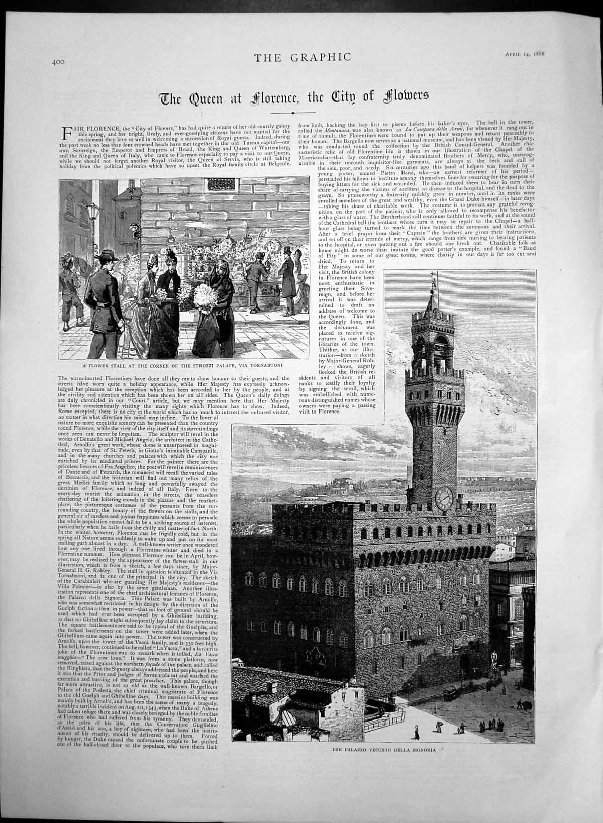 Antique Old Print Palazzo Vecchio Dell Signoria Florence Flower Stall 1888 19th