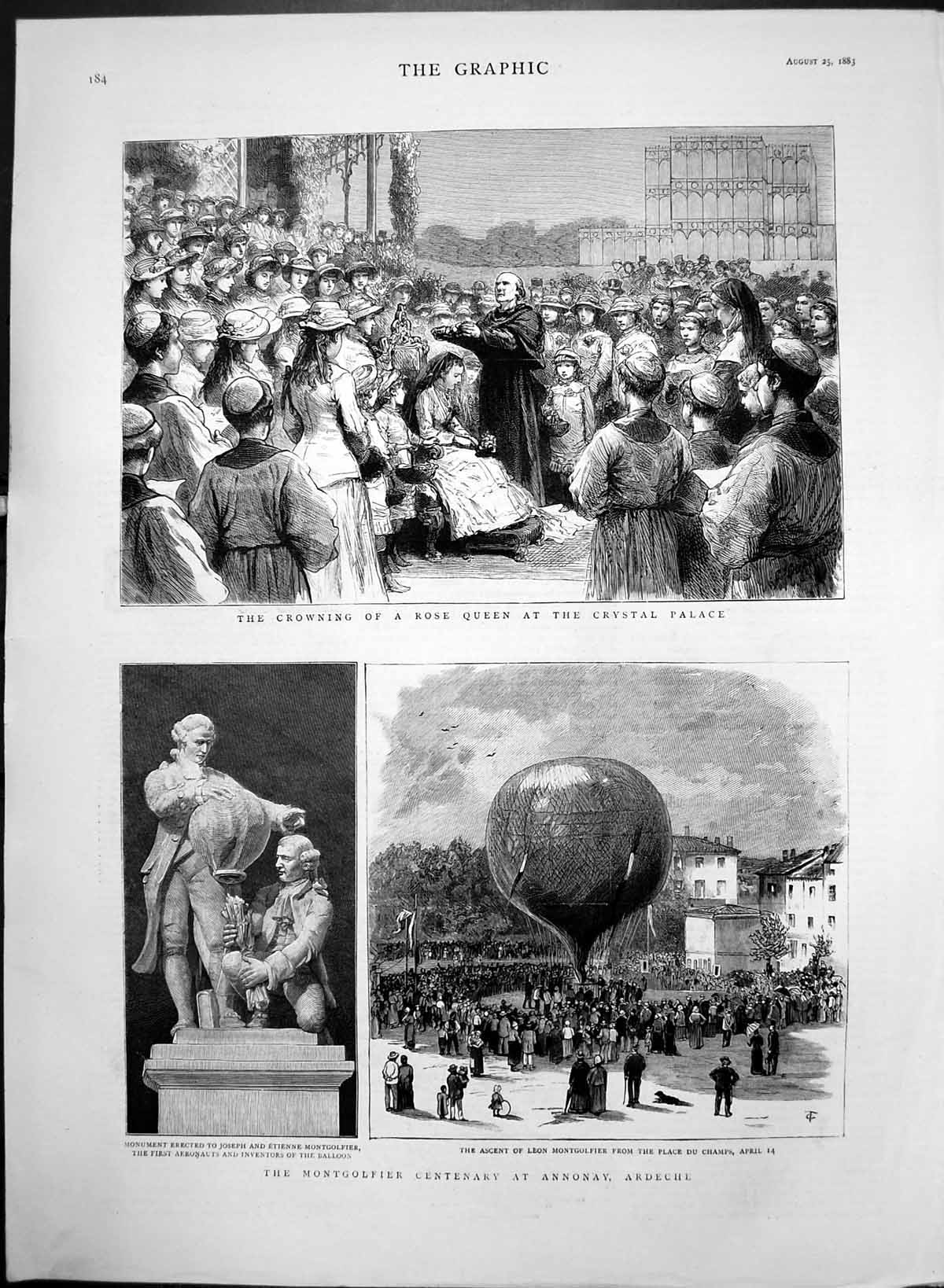 Old Antique Print Montgolfier Centenary Annonay Crowning Rose Queen 1883 19th