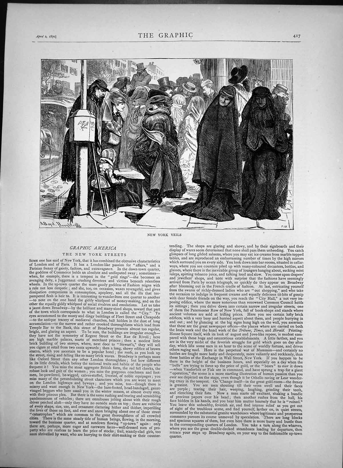 Original Old Antique Print Group People Wearing Veils In New York 1870 19th