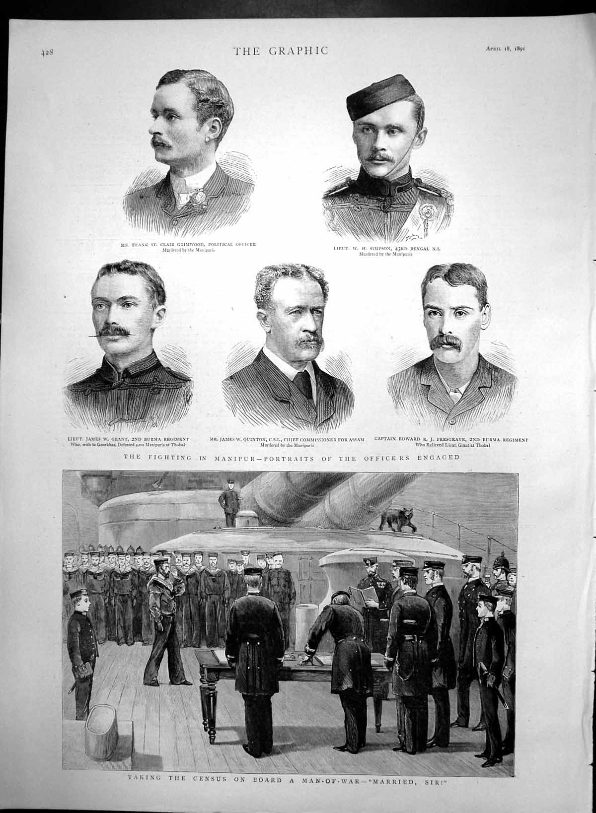 Antique Old Print Taking Census On Ship Officers Portraits In Manipur 1891 19th