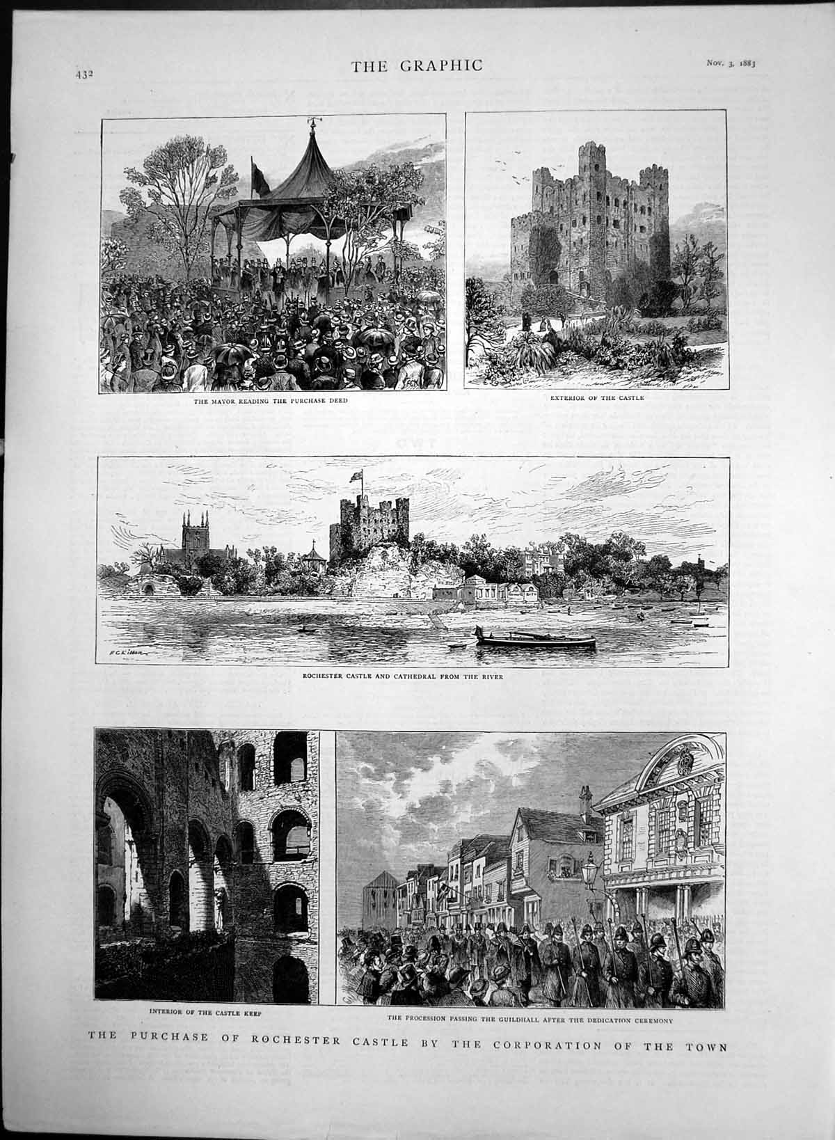 Original Old Antique Print Purchase Rochester Castle By Corporation Town 1883