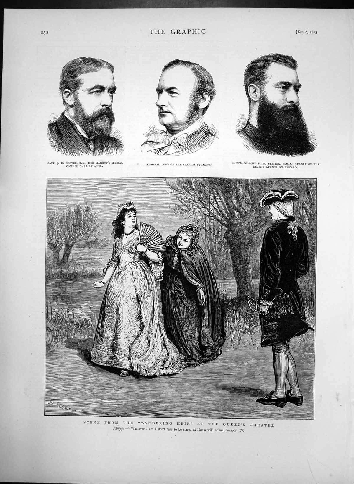 Antique Old Print Wandering Heir Queens Theatre Capt J Glover Fw Festing 1873