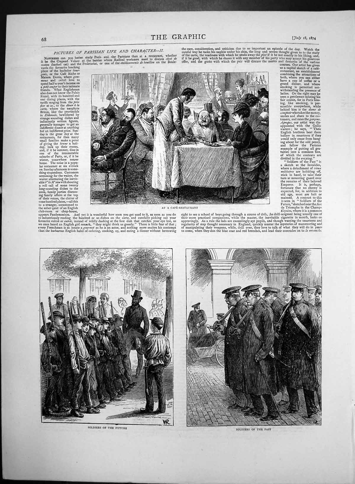 Original Old Antique Print Parisien Siers Past Future Cafe Restaurant 1874 19th