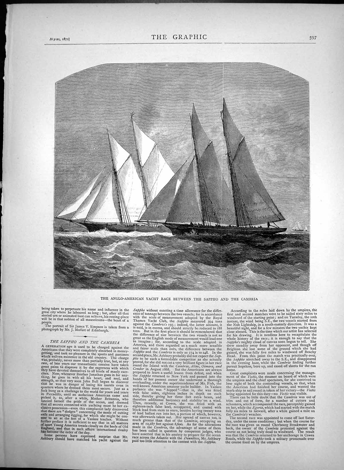 Old Antique Print Anglo American Boat Race Between Sappho & Cambria 1870 19th
