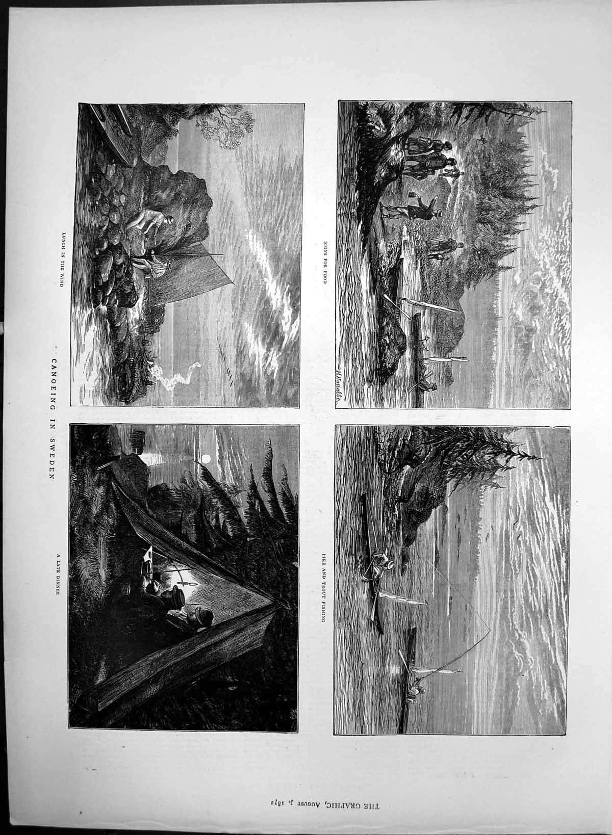 Antique Old Print Canoeing In Sweden Pike Trout Fishing Lunch In Wind 1872 19th