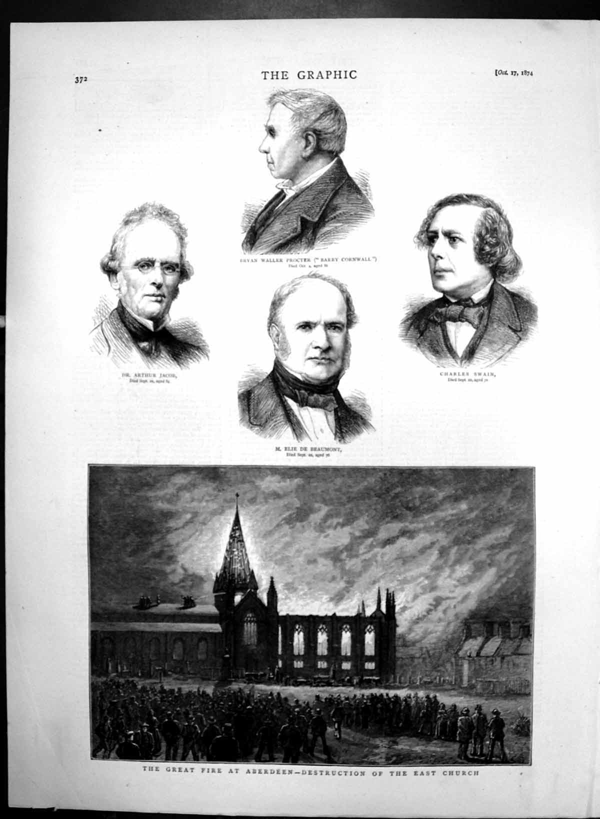Antique Old Print Destruction Fire East Church Aberdeen Charles Swain 1874 19th