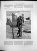 Antique Old Print Father & Daughter Carrying Girl In Sea Sailing Ship 1874 19th