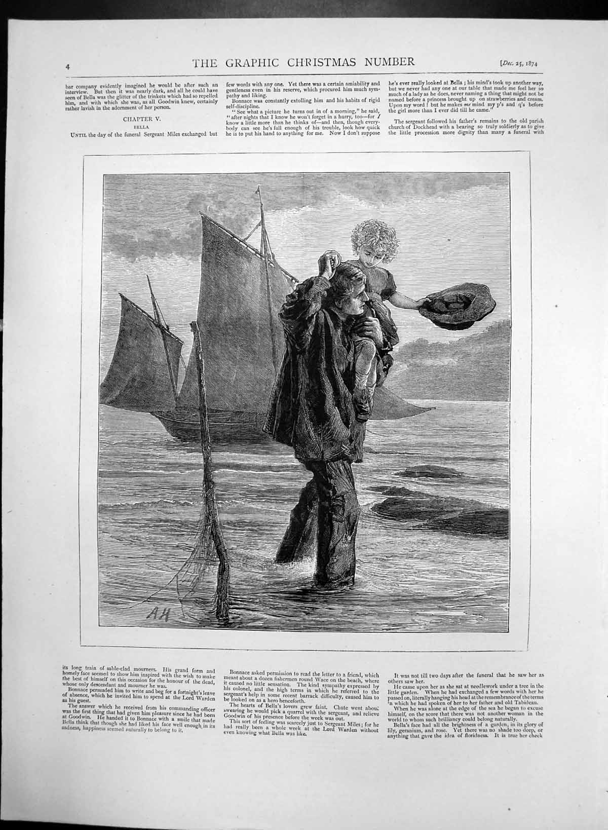 Antique Old Print Father & Daughter Carrying Girl In Sea Sailing Ship 1874 19th