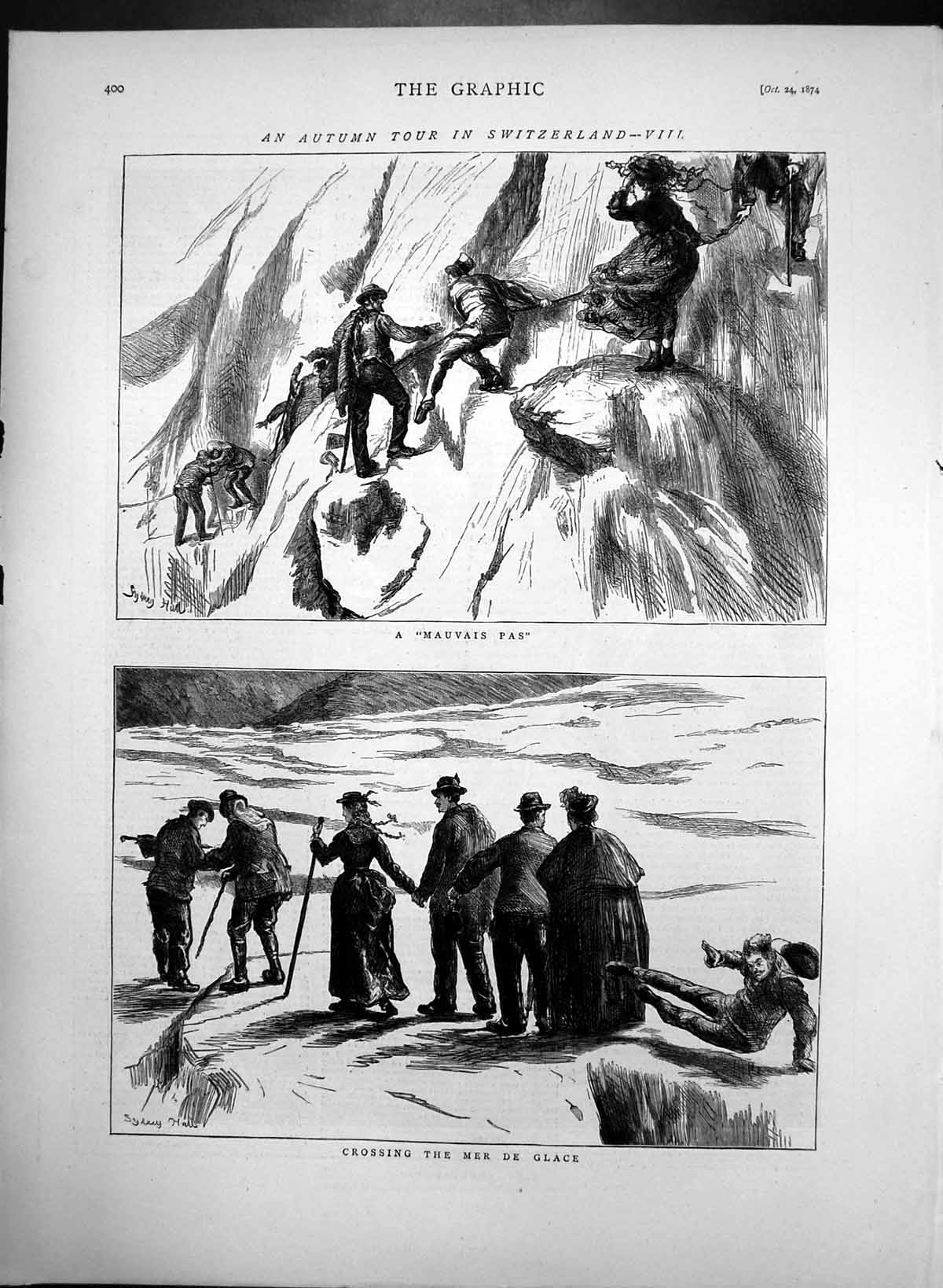 Original Old Antique Print Climbers In Switzerland Crossing Mer De Glace 1874