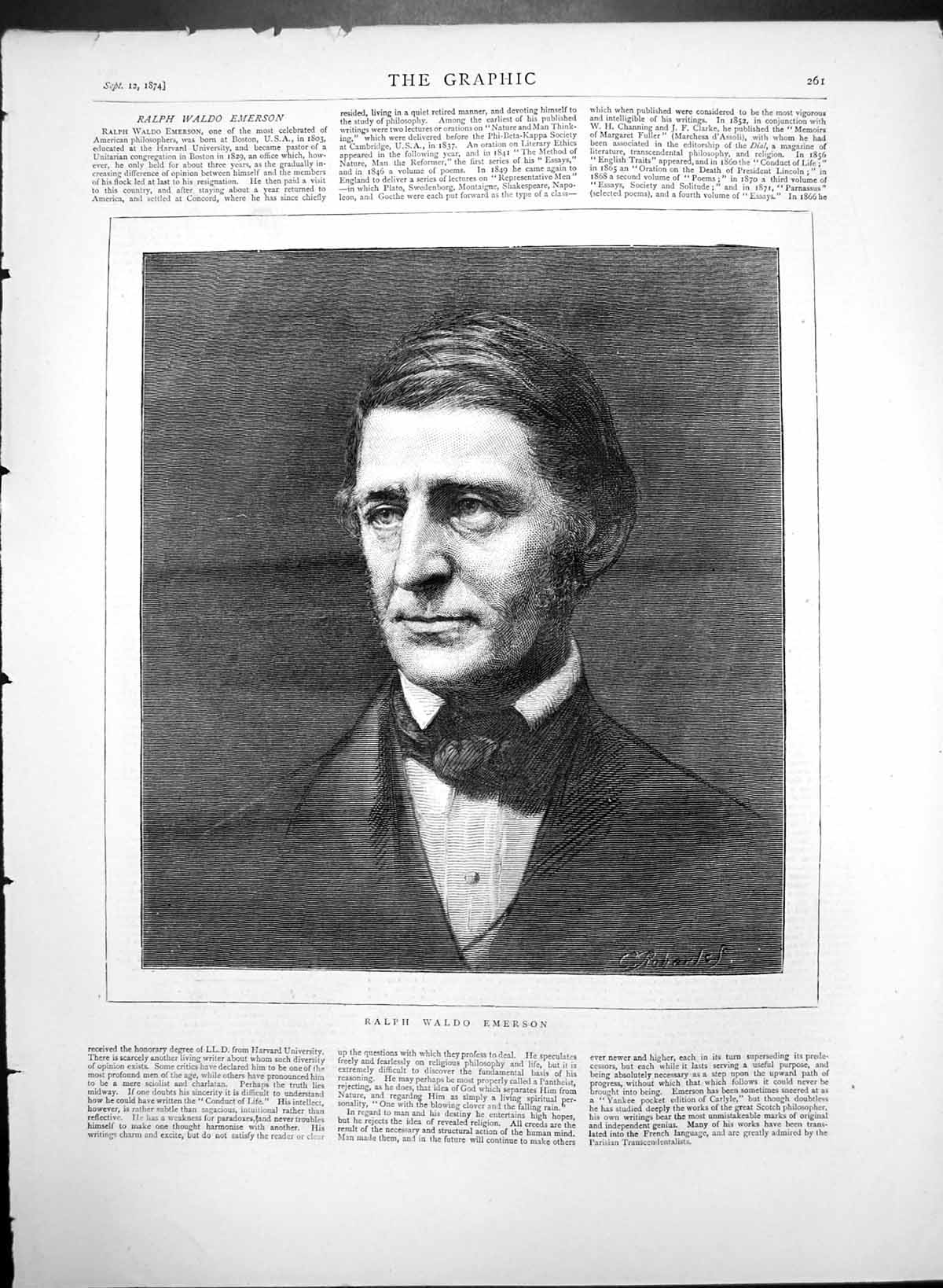 Original Old Antique Print Ralph Waldo Emerson American Philosopher 1874 19th