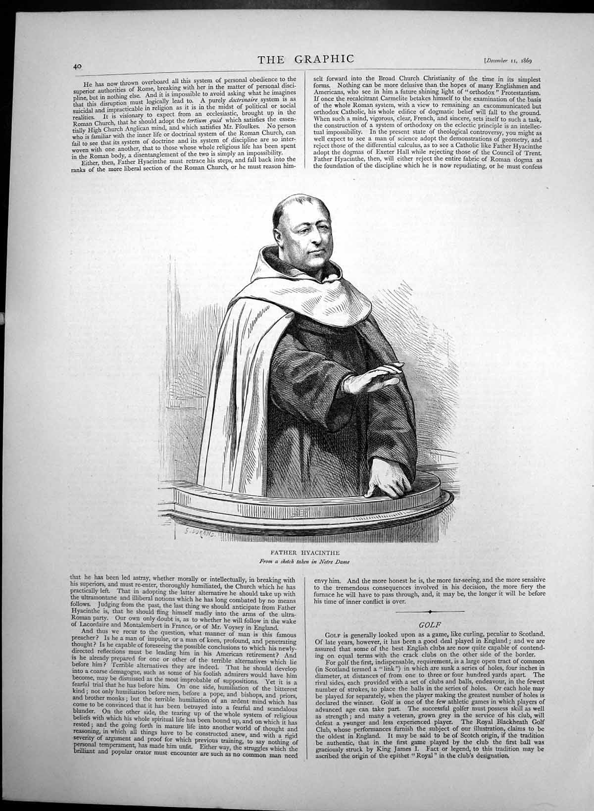 Original Old Antique Print Father Hyacinthe Preacher In Notre Dame 1869 19th
