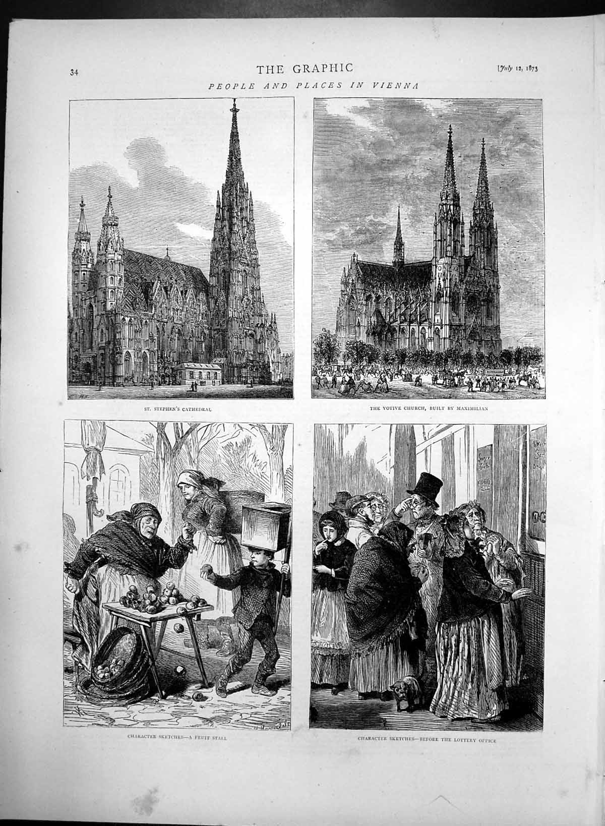 Antique Old Print People Places Vienna Votive Church St Stephens Cathedra1873
