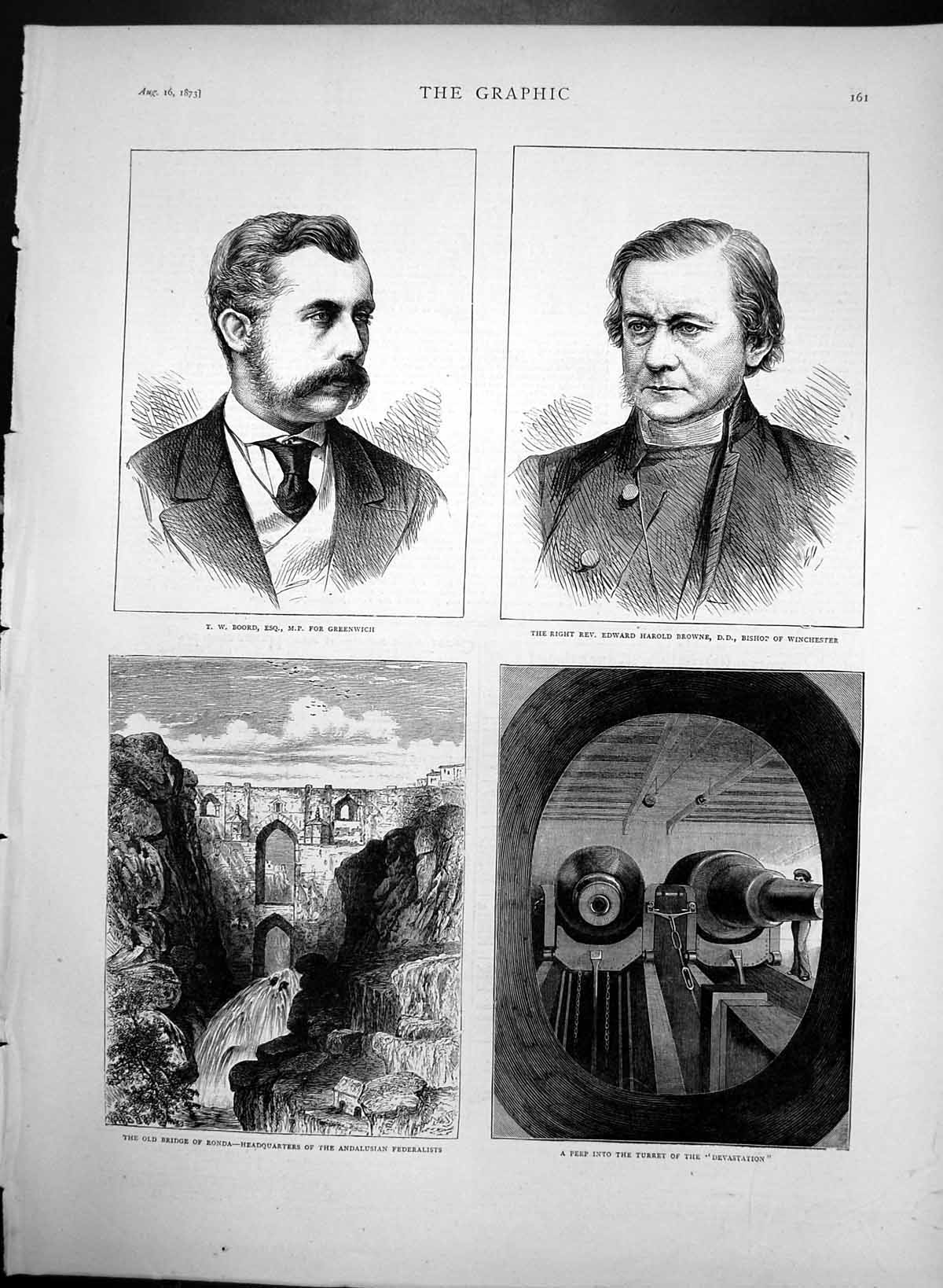 Original Old Antique Print Bridge Ronda Bishop Winchester Tw Boord Mp 1873 19th