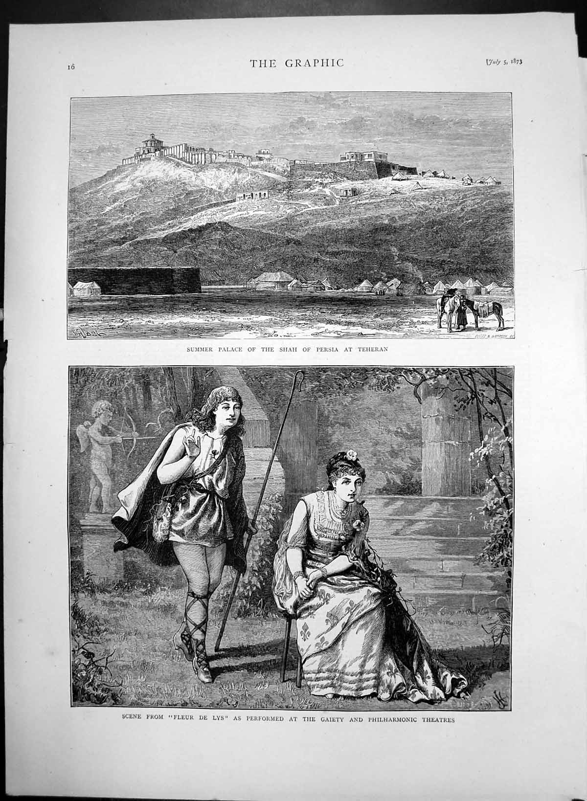 Antique Old Print Fleur De Lys Gaiety Theatre Palace Teheran Shah Persia 1873