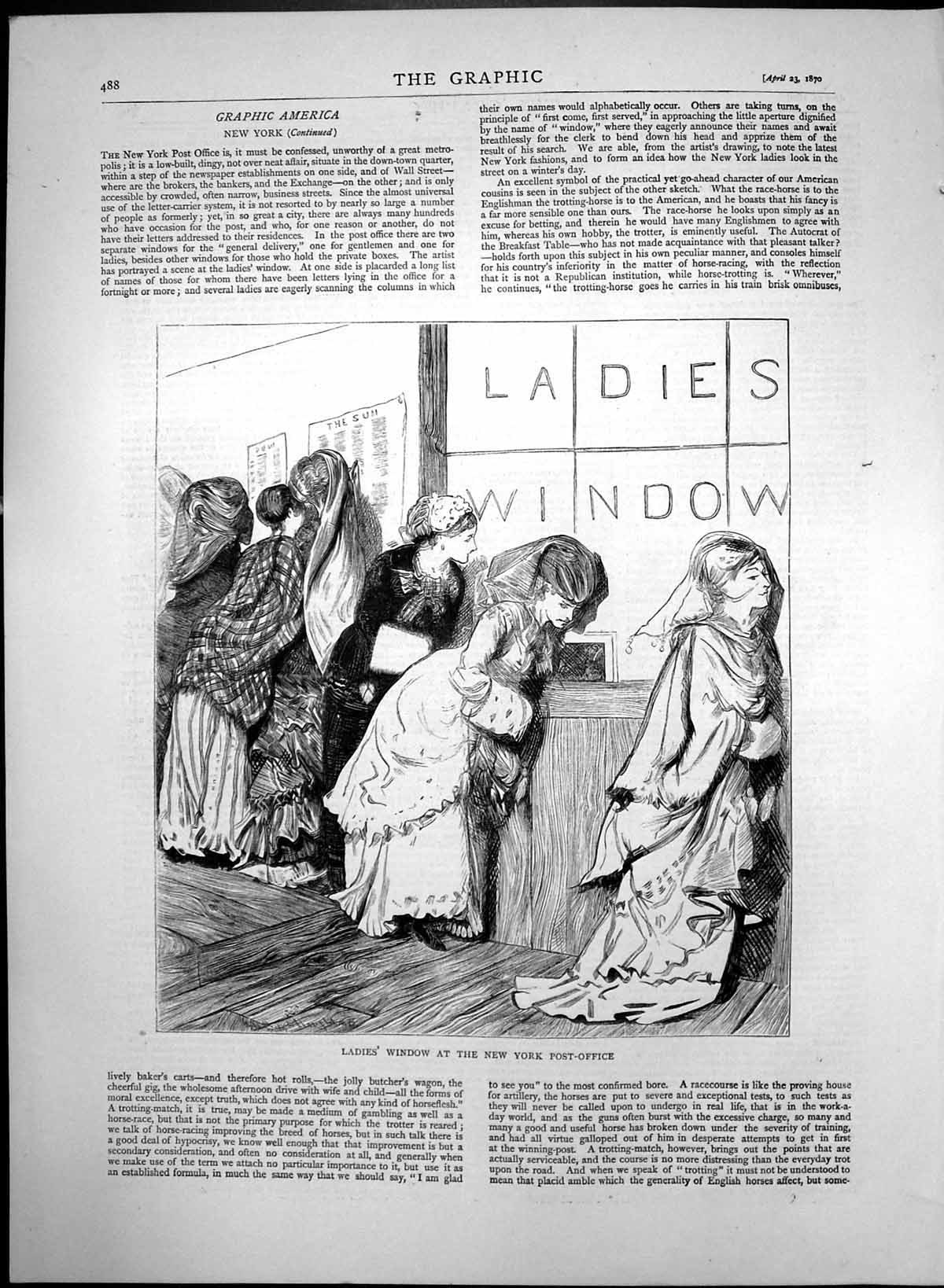 Original Old Antique Print Ladies Window New York Post Office 1870 Victorian