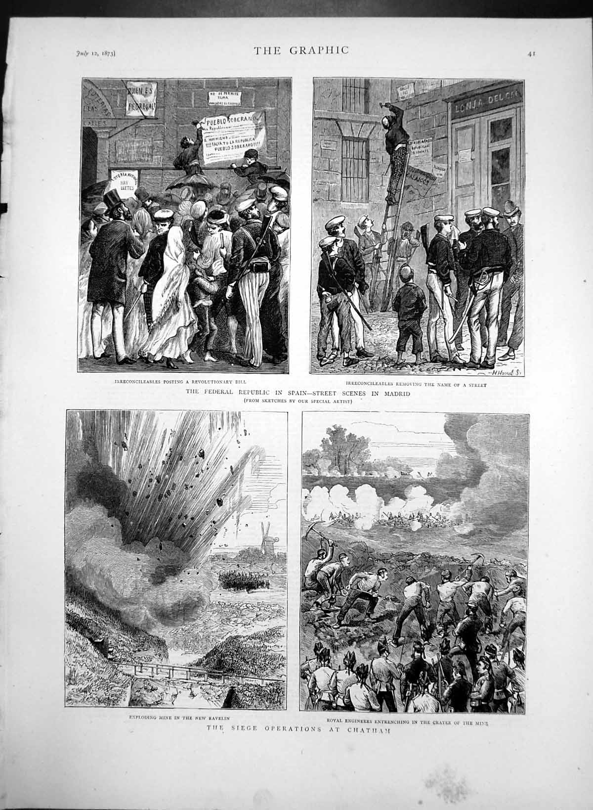 Old Antique Print Siege Operations Chatham Federal Republic Madrid 1873 19th