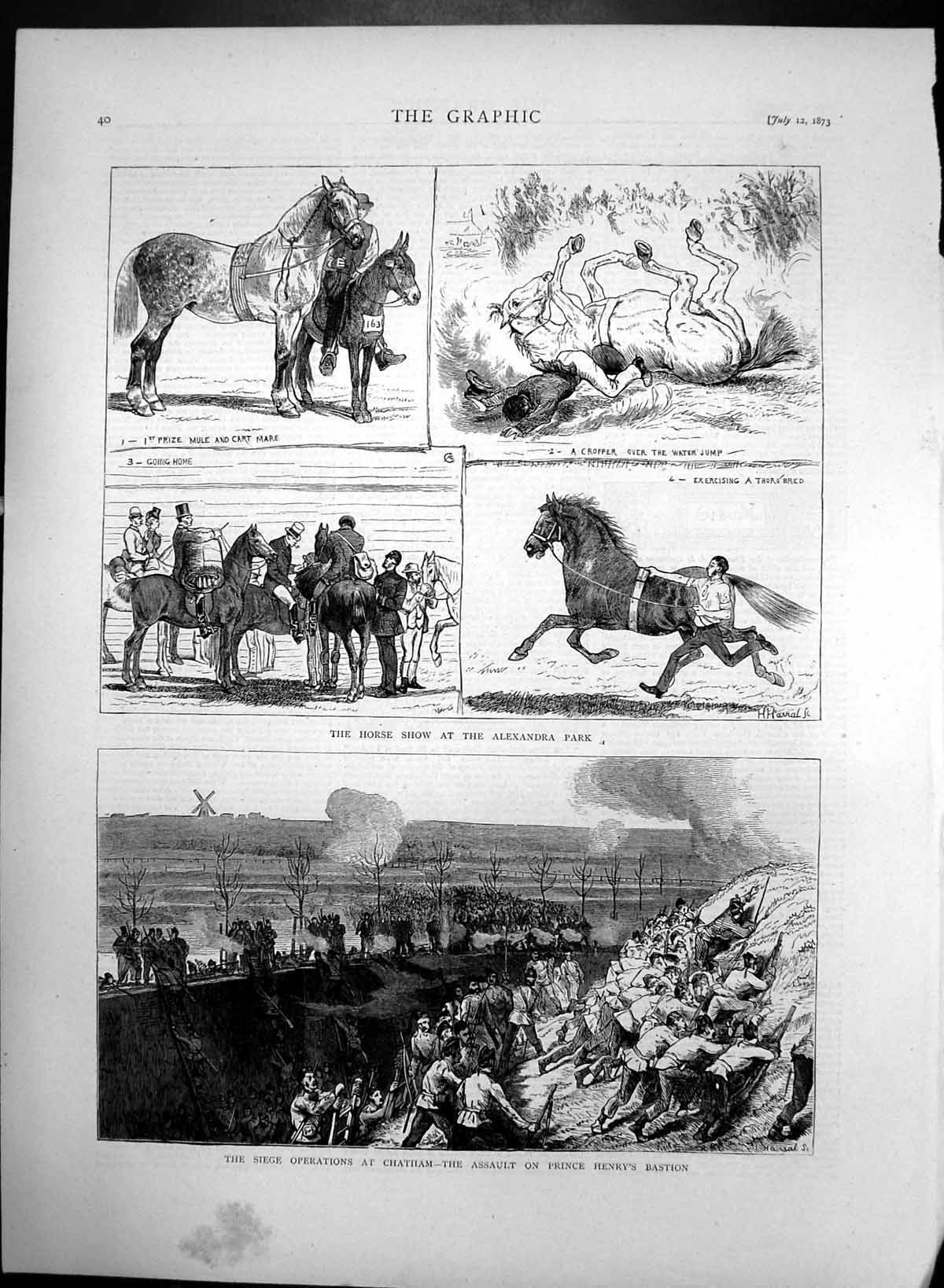 Old Antique Print Horse Show Alexandra Park Siege Operations Chatham 1873 19th