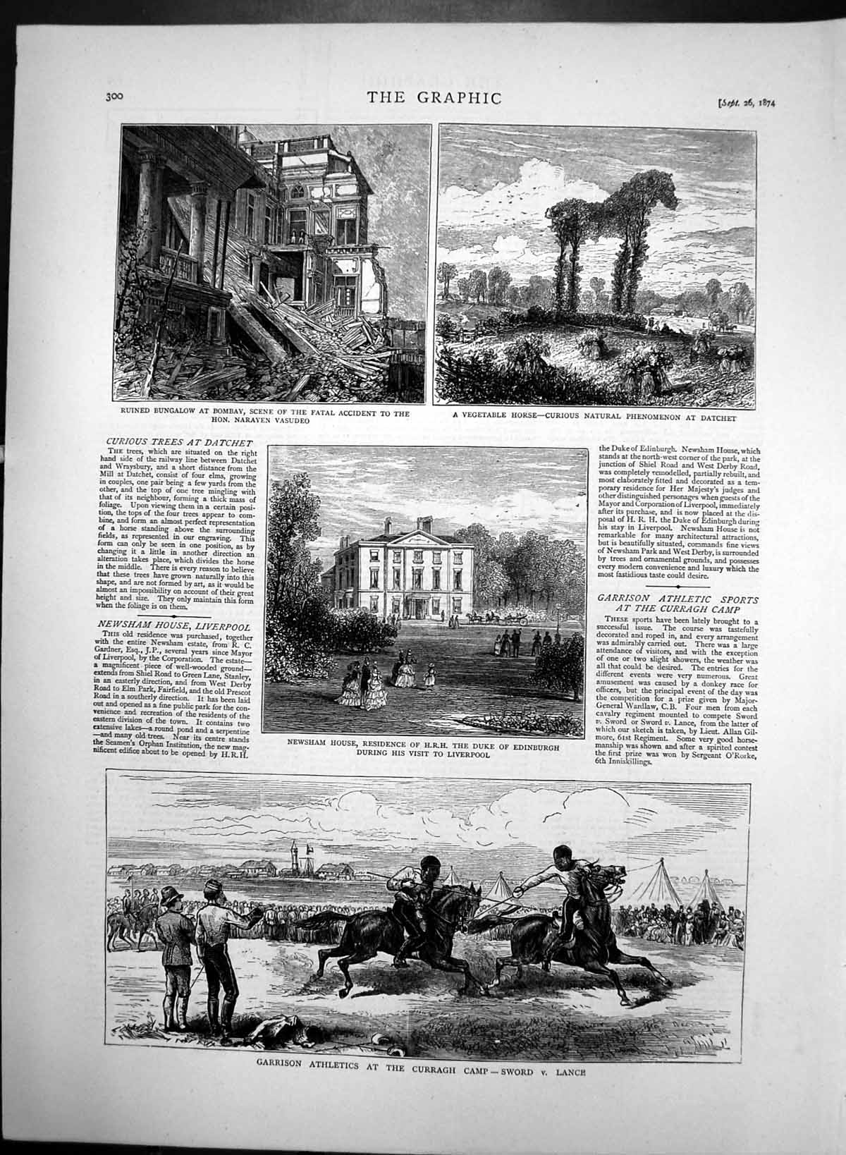 Original Old Antique Print Garrison Athletics Curragh Camp Newsham House 1874