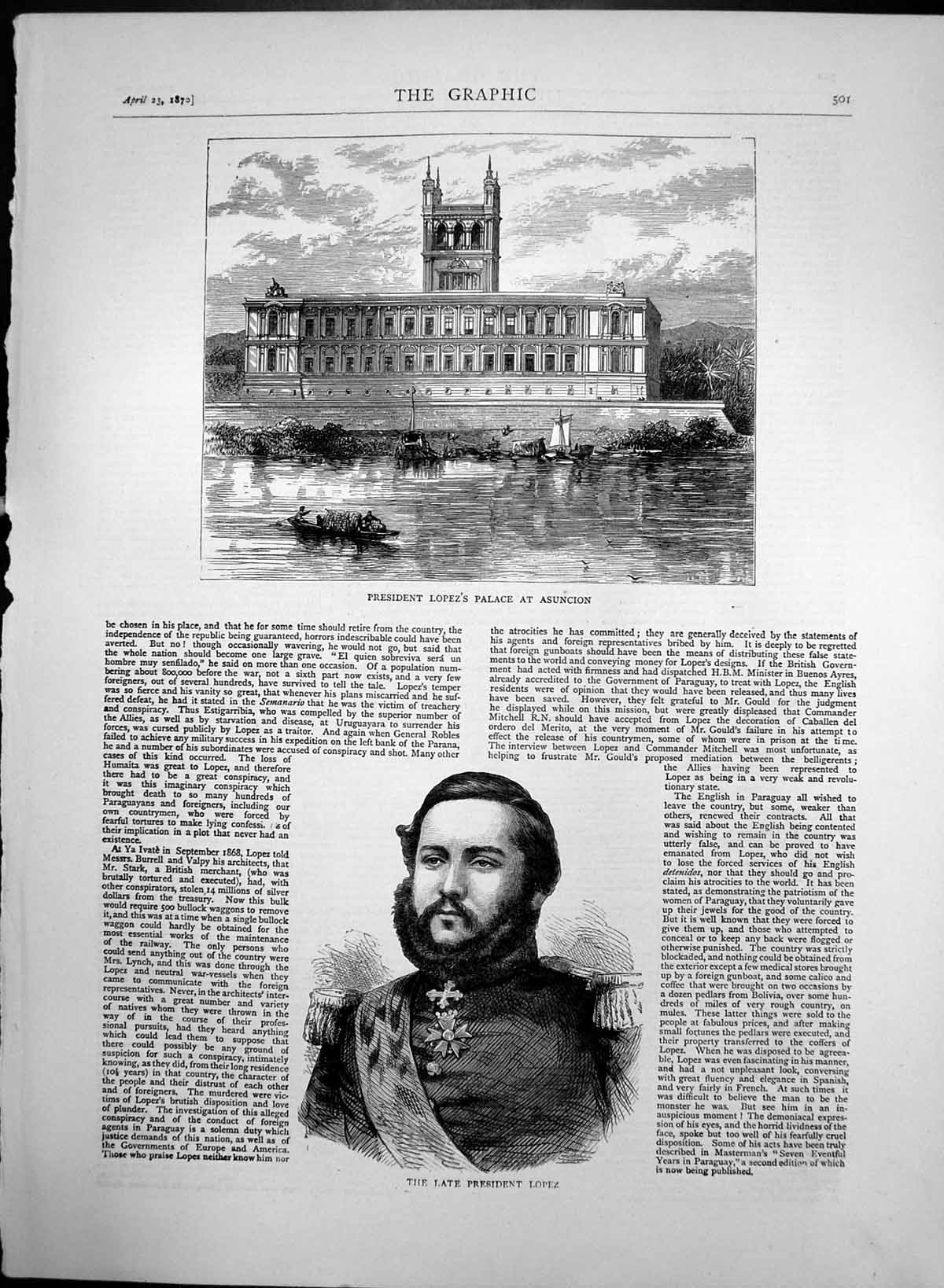 Original Old Antique Print Late President Lopez His Palace At Asunction 1870