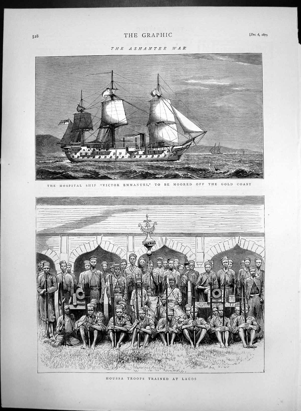 Old Antique Print Houssa Troops Hospital Ship Victor Emmanuel GCoast 1873 19th