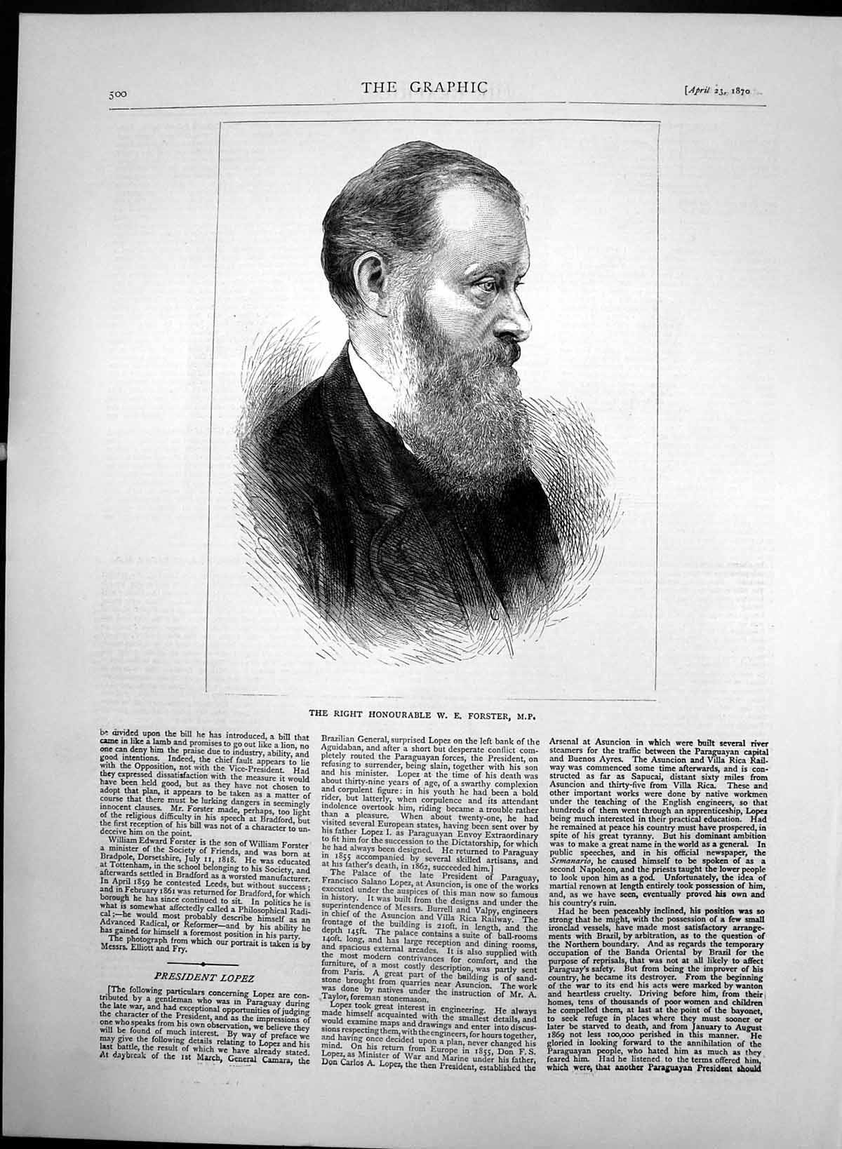 Original Old Antique Print Right Honourable W E Forster Liberal Mp 1870 19th