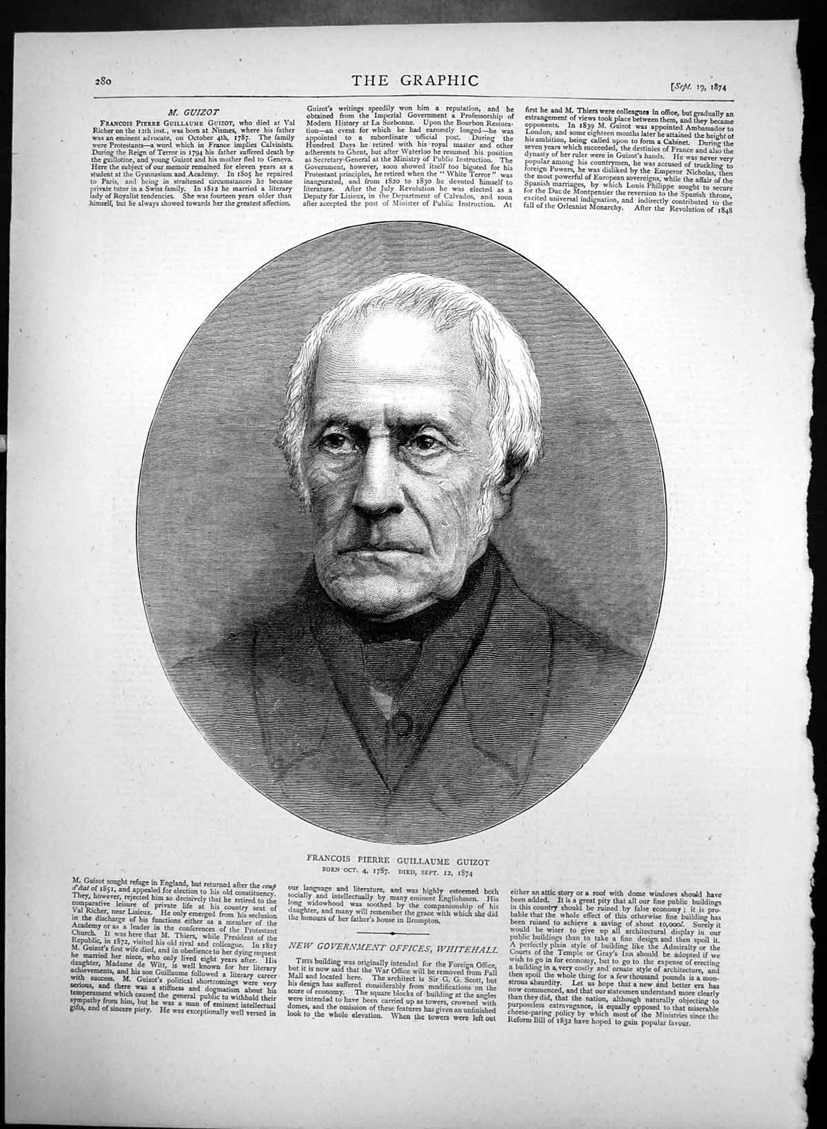 Original Old Antique Print Francois Pierre Guillaume Guizot 1787-1874 1874 18th