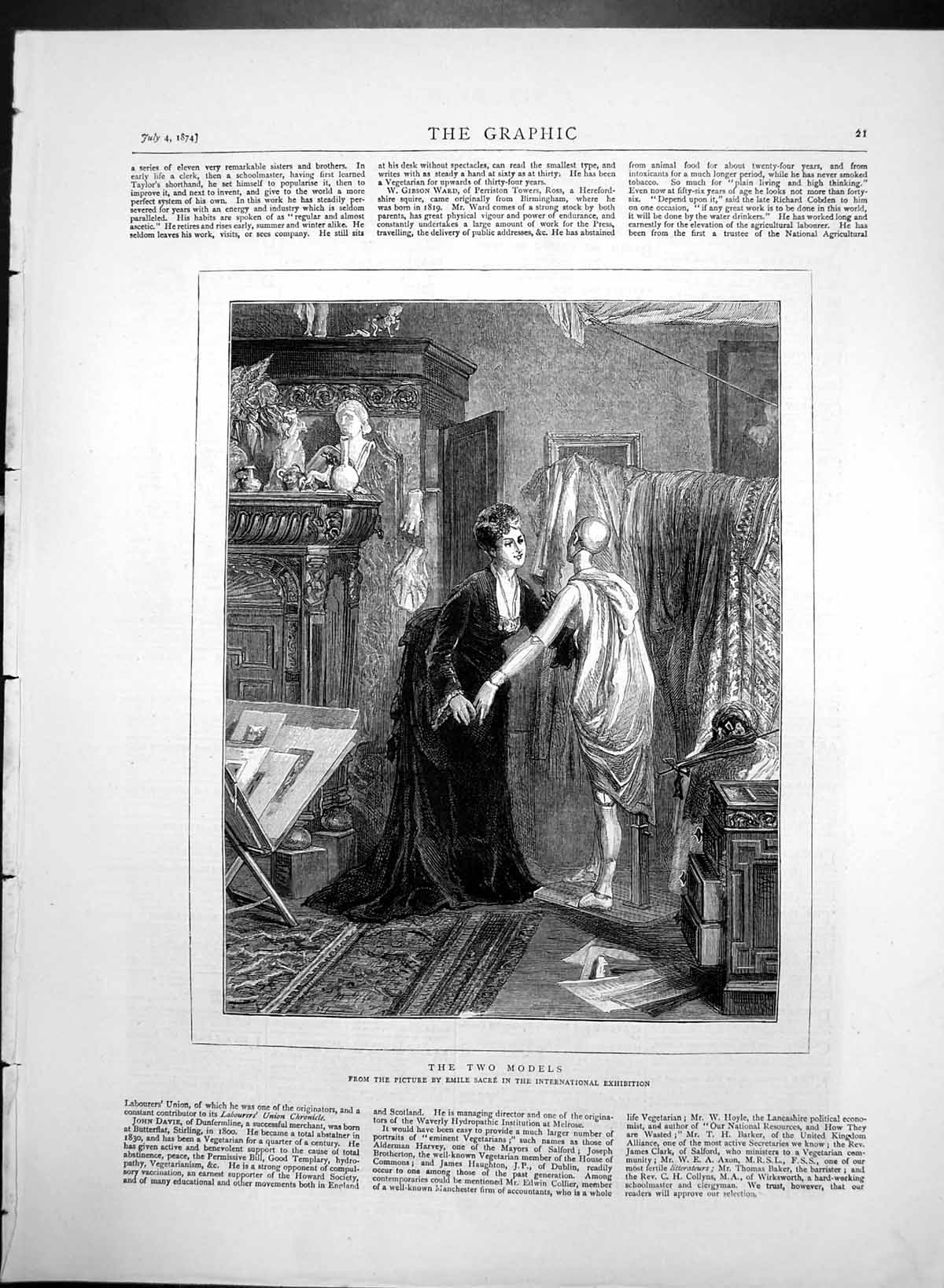 Antique Old Print The Two Models Emile Sacre International Exhibition 1874 19th