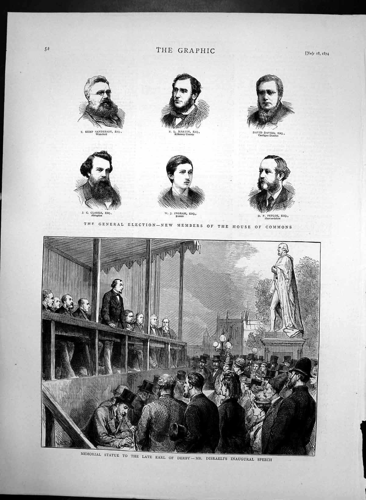 Antique Old Print Memorial Statue Earl Derby Disraelis Inaugural Speech 1874