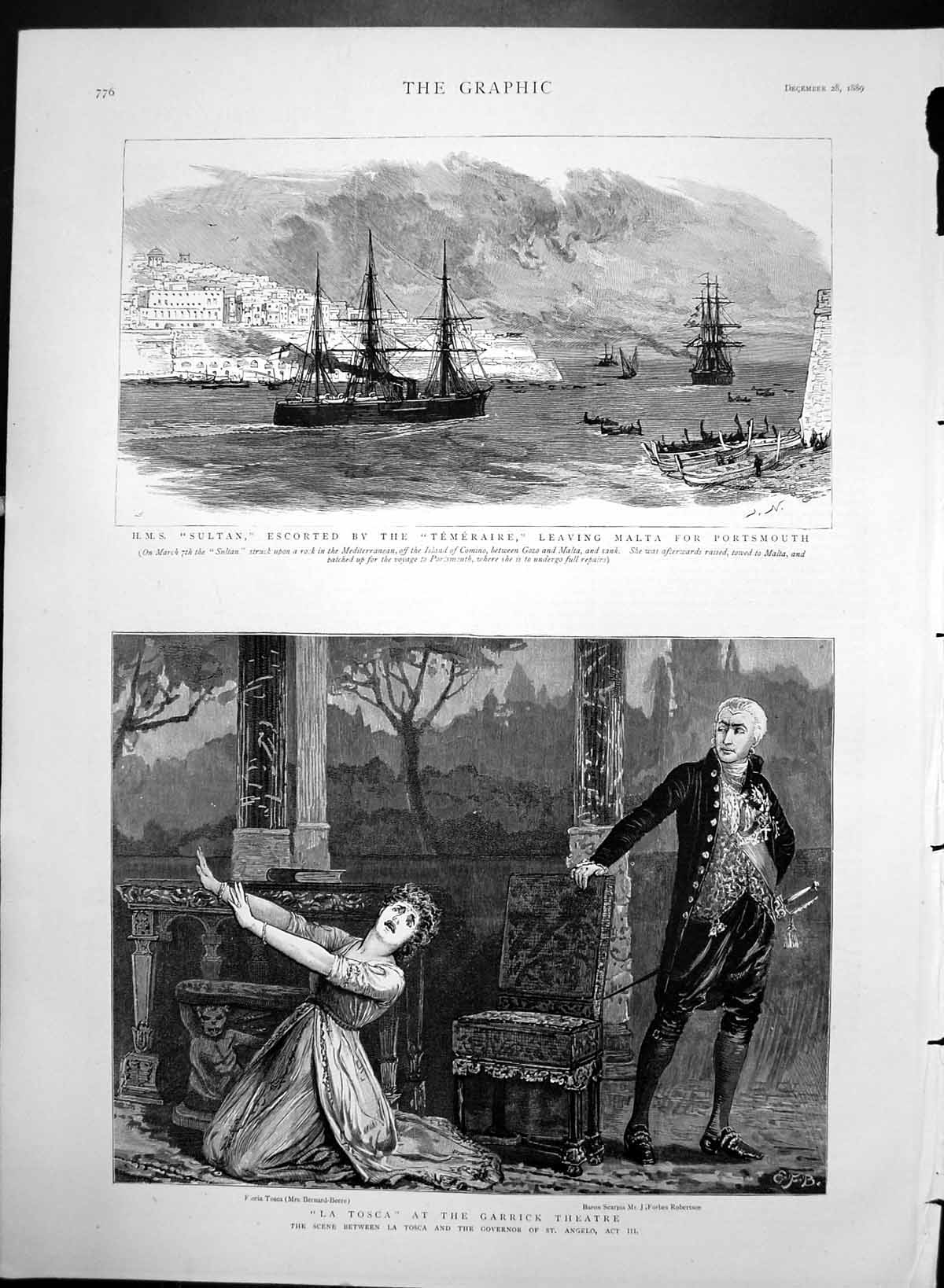Antique Old Print La Tosca Garrick Theatre Hms Sultan Escorted Temeraire 1889