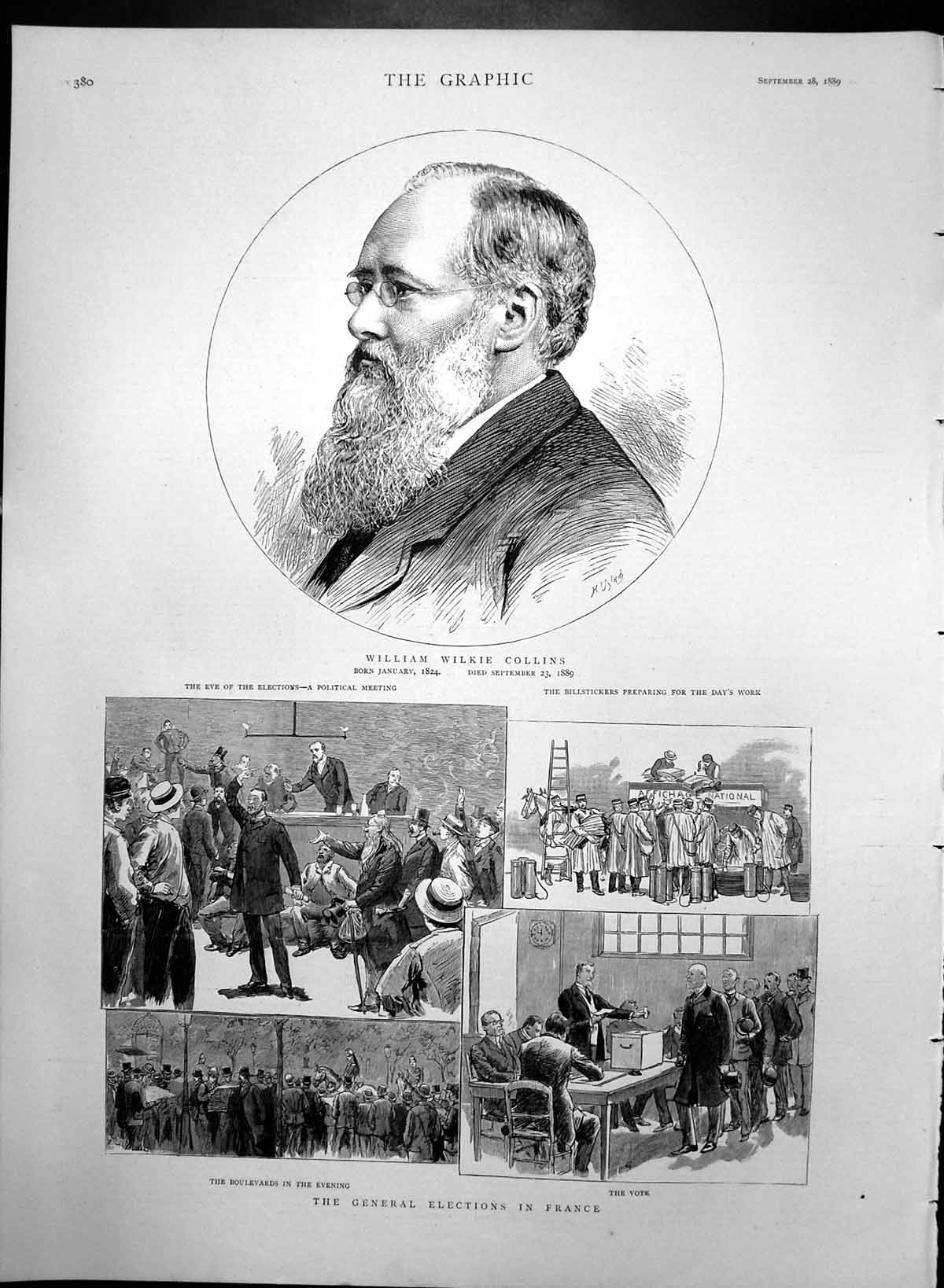 Original Old Antique Print General Election France William Wilkie Collins 1889