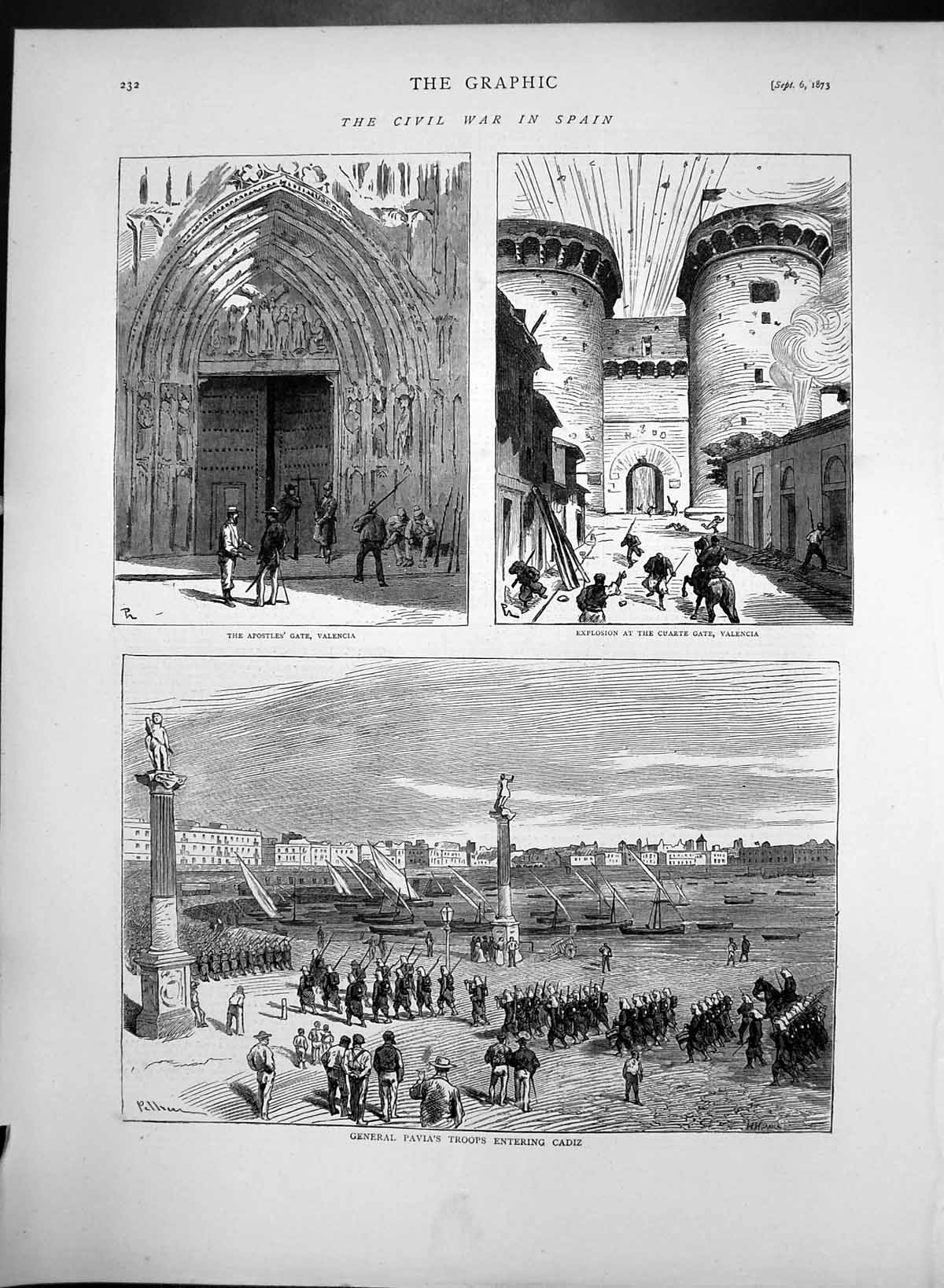 Old Antique Print General Pavias Troops Cadiz Apostles Gate Valencia 1873 19th
